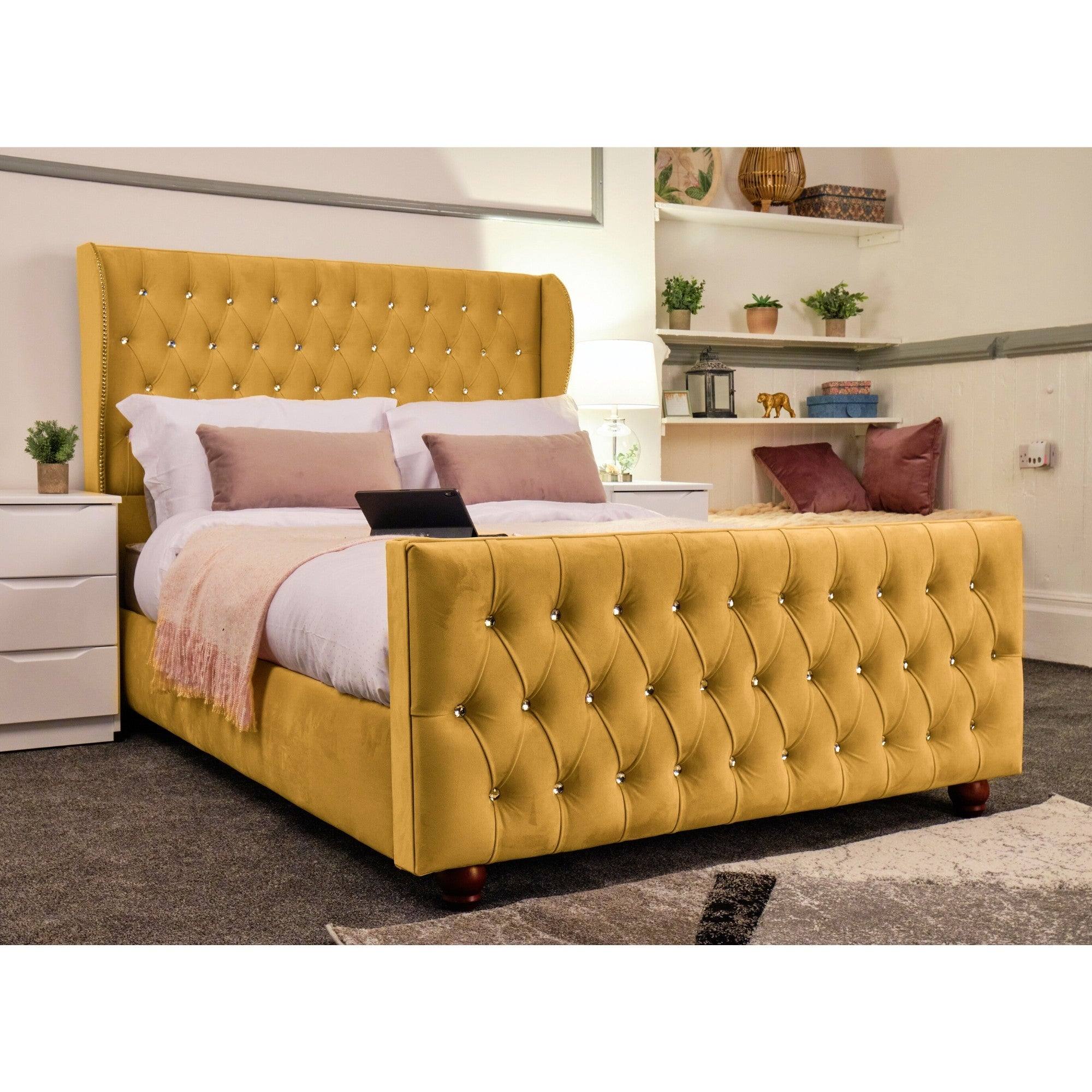 Venice Bed - Velvet Bed with Winged Headboard and Diamond Tufting - UK Online Furniture