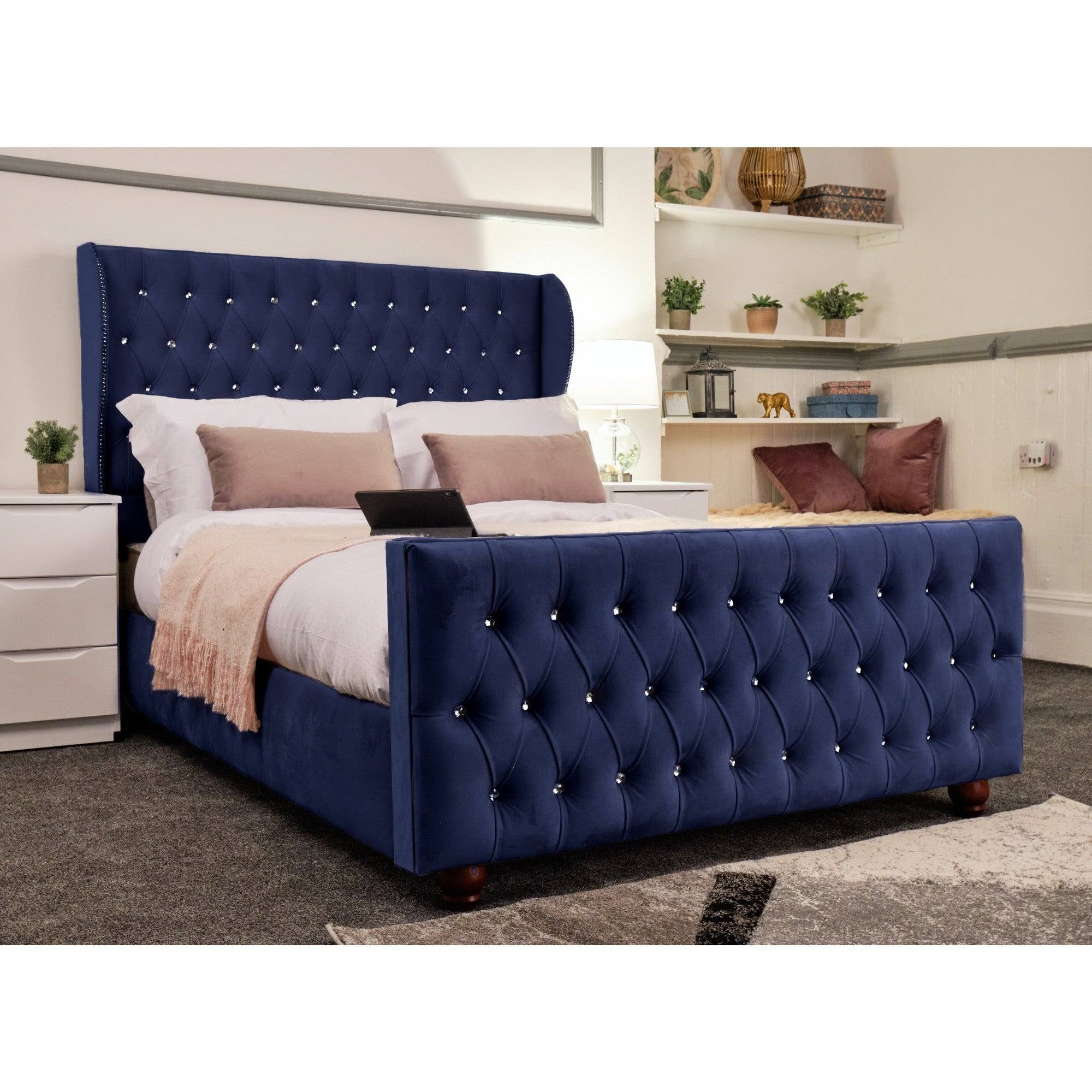 Venice Bed - Velvet Bed with Winged Headboard and Diamond Tufting - UK Online Furniture