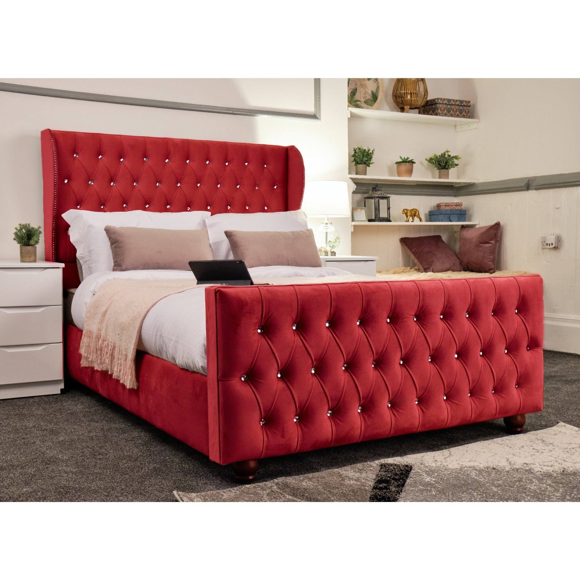 Venice Bed - Velvet Bed with Winged Headboard and Diamond Tufting - UK Online Furniture