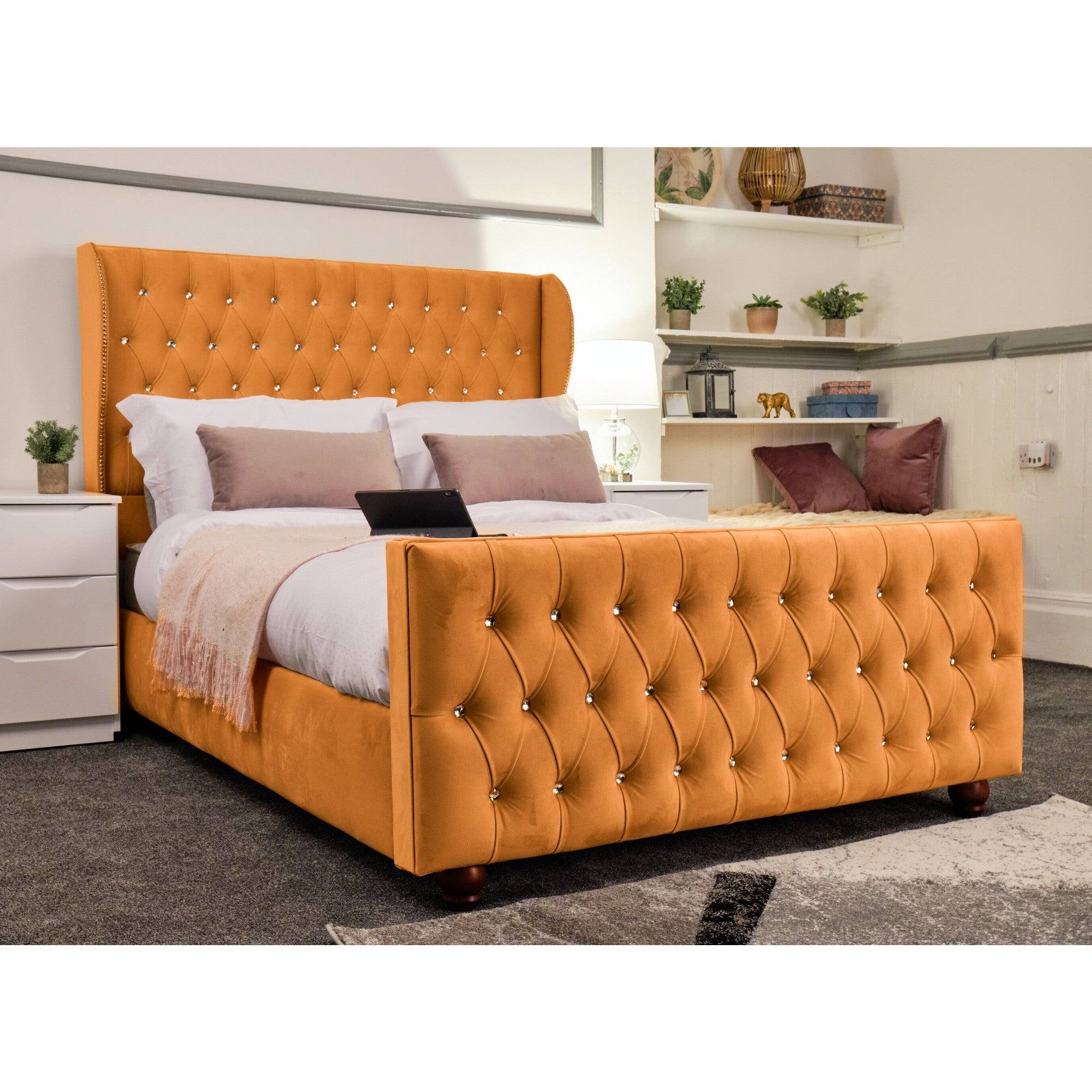 Venice Bed - Velvet Bed with Winged Headboard and Diamond Tufting - UK Online Furniture