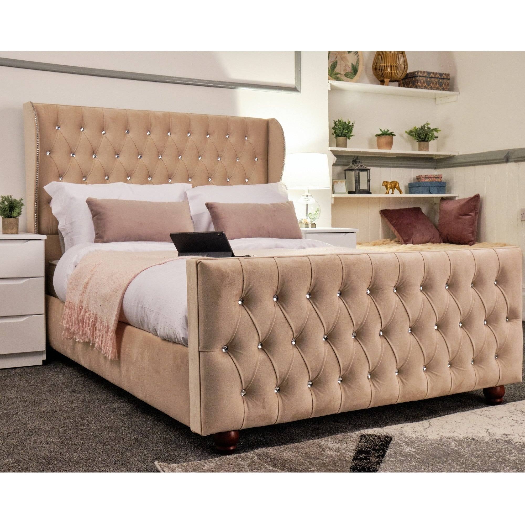 Venice Bed - Velvet Bed with Winged Headboard and Diamond Tufting - UK Online Furniture