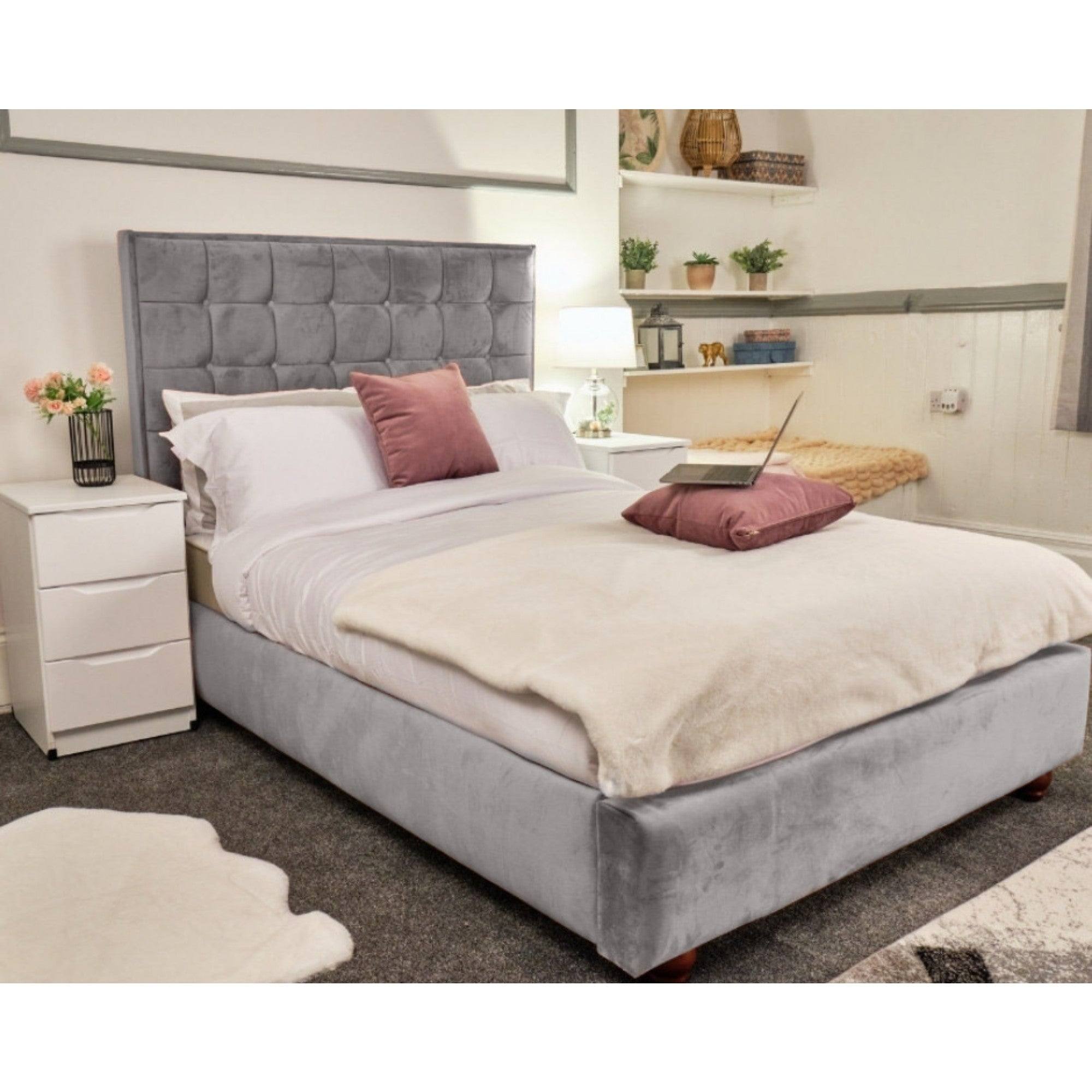 Prague Bed - Velvet Fabric Bed Frame - 5 Sizes -13 Colours - UK Online Furniture
