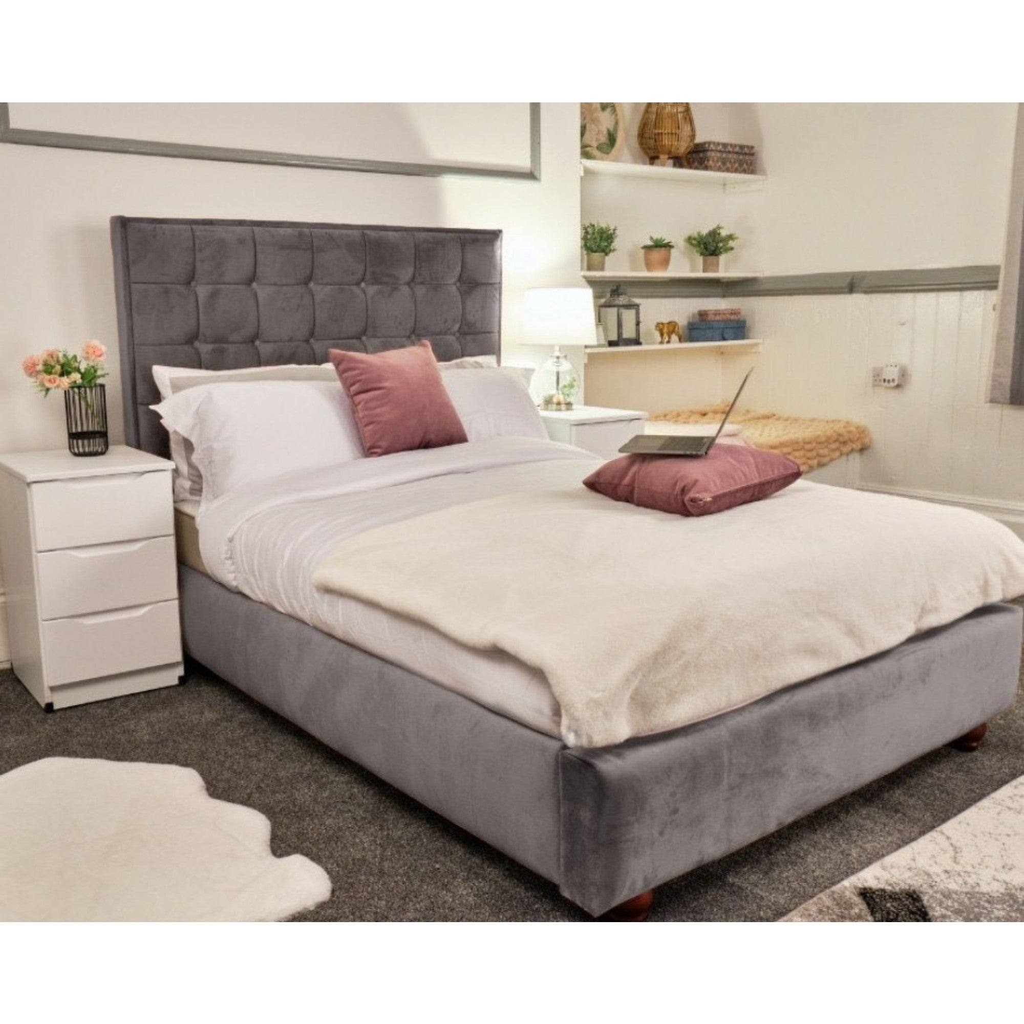 Prague Bed - Velvet Fabric Bed Frame - 5 Sizes -13 Colours - UK Online Furniture