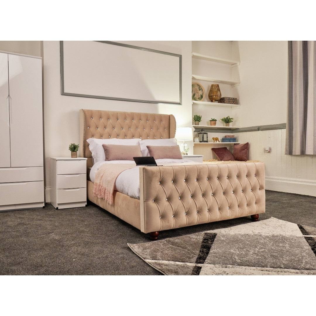 Venice Bed - Velvet Bed with Winged Headboard and Diamond Tufting - UK Online Furniture