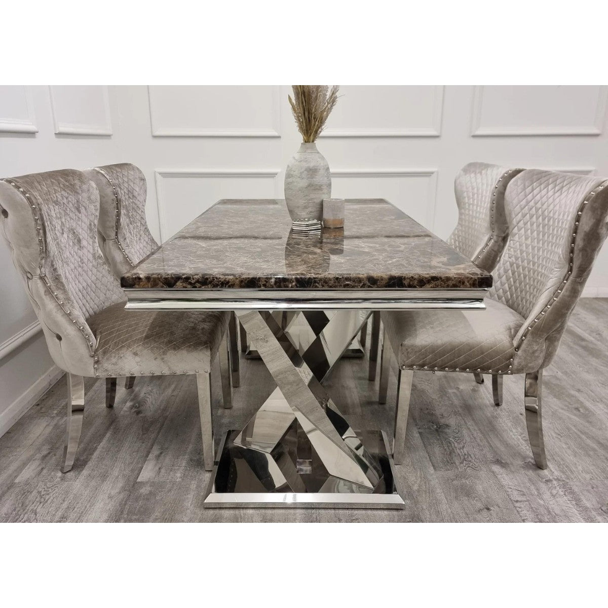 Xavia Marble Dining Table Set with 4 Velvet Chelsea Chairs - UK Online Furniture