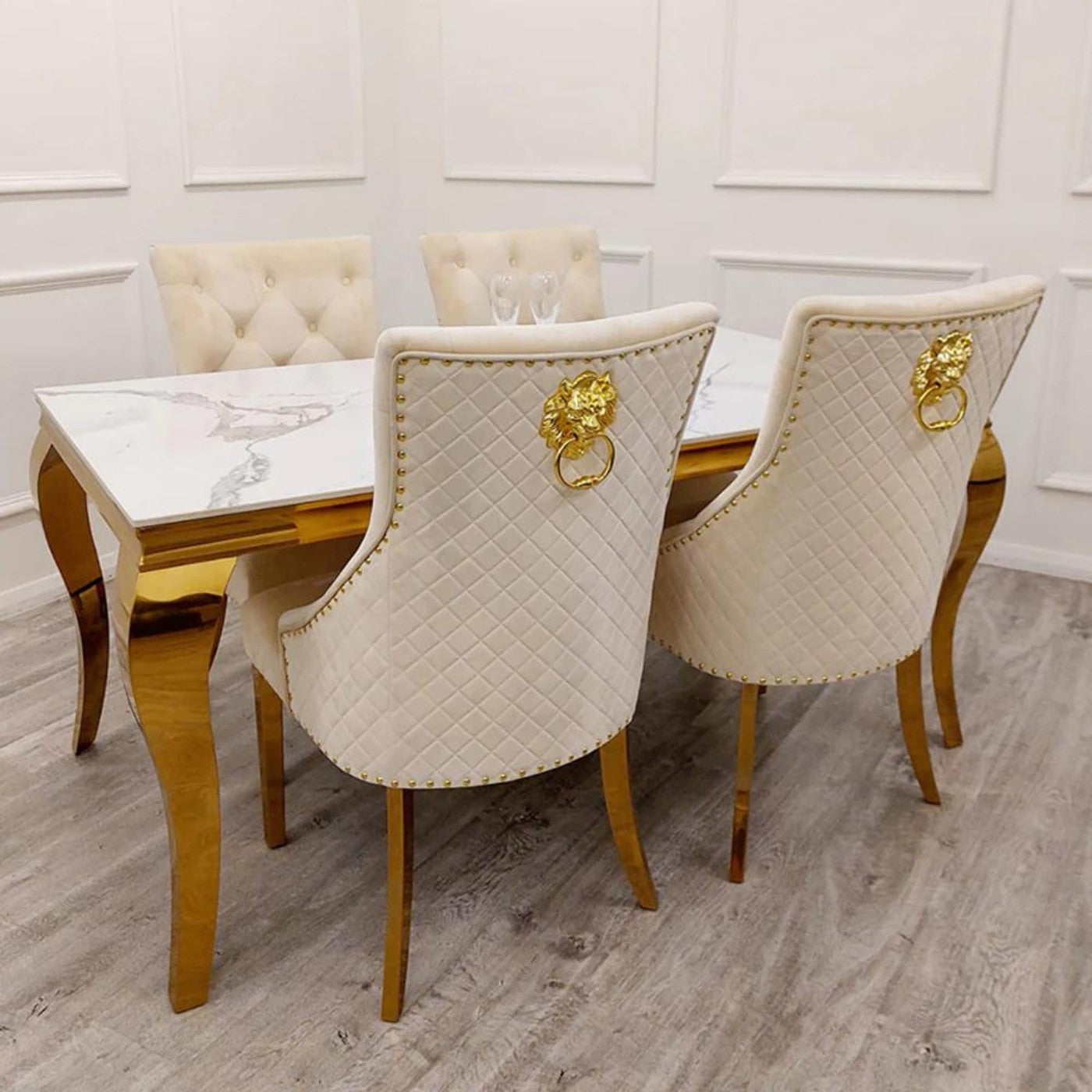 Louis Gold Marble Dining Table with 4 Bentley Lion Knocker Velvet Chairs - UK Online Furniture