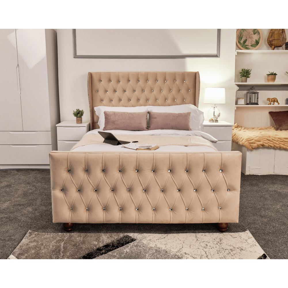 Venice Bed - Velvet Bed with Winged Headboard and Diamond Tufting - UK Online Furniture