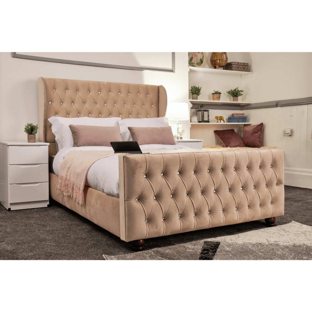 Venice Bed - Velvet Bed with Winged Headboard and Diamond Tufting - UK Online Furniture