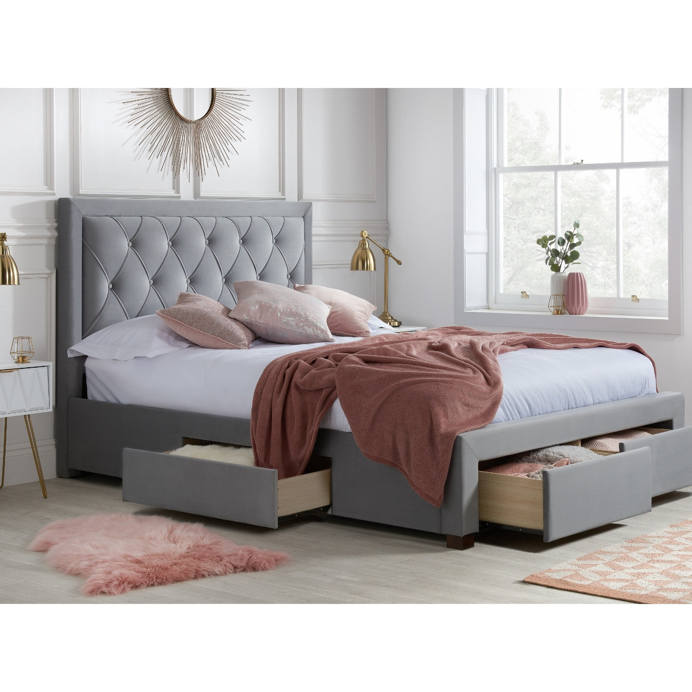 Woodbury Grey Velvet Fabric Storage Bed - Double, King, Super King - UK Online Furniture