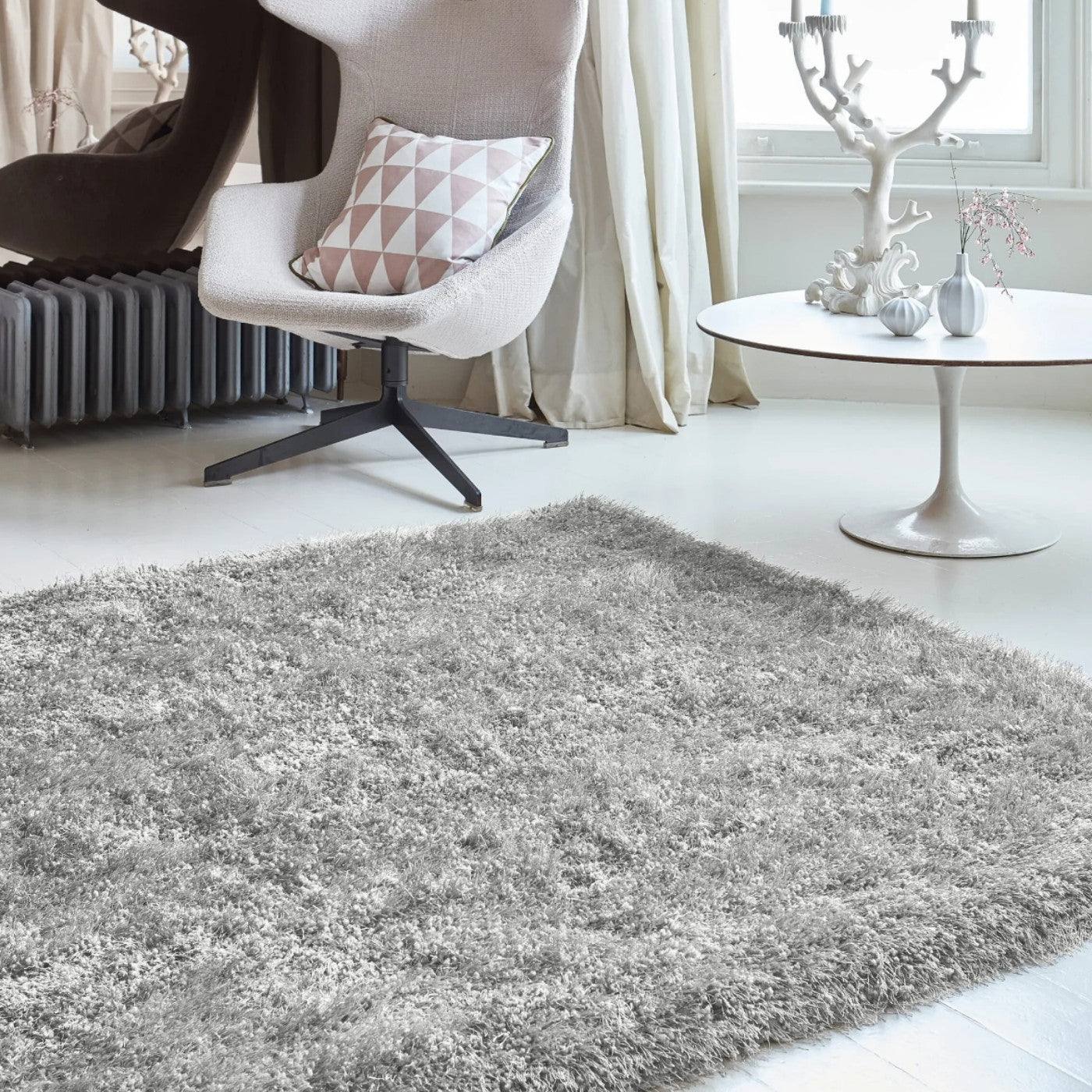 Cascade Plain Shinny Shaggy Rug - Grey, Silver, Cream, Mink, White, Blue - UK Online Furniture
