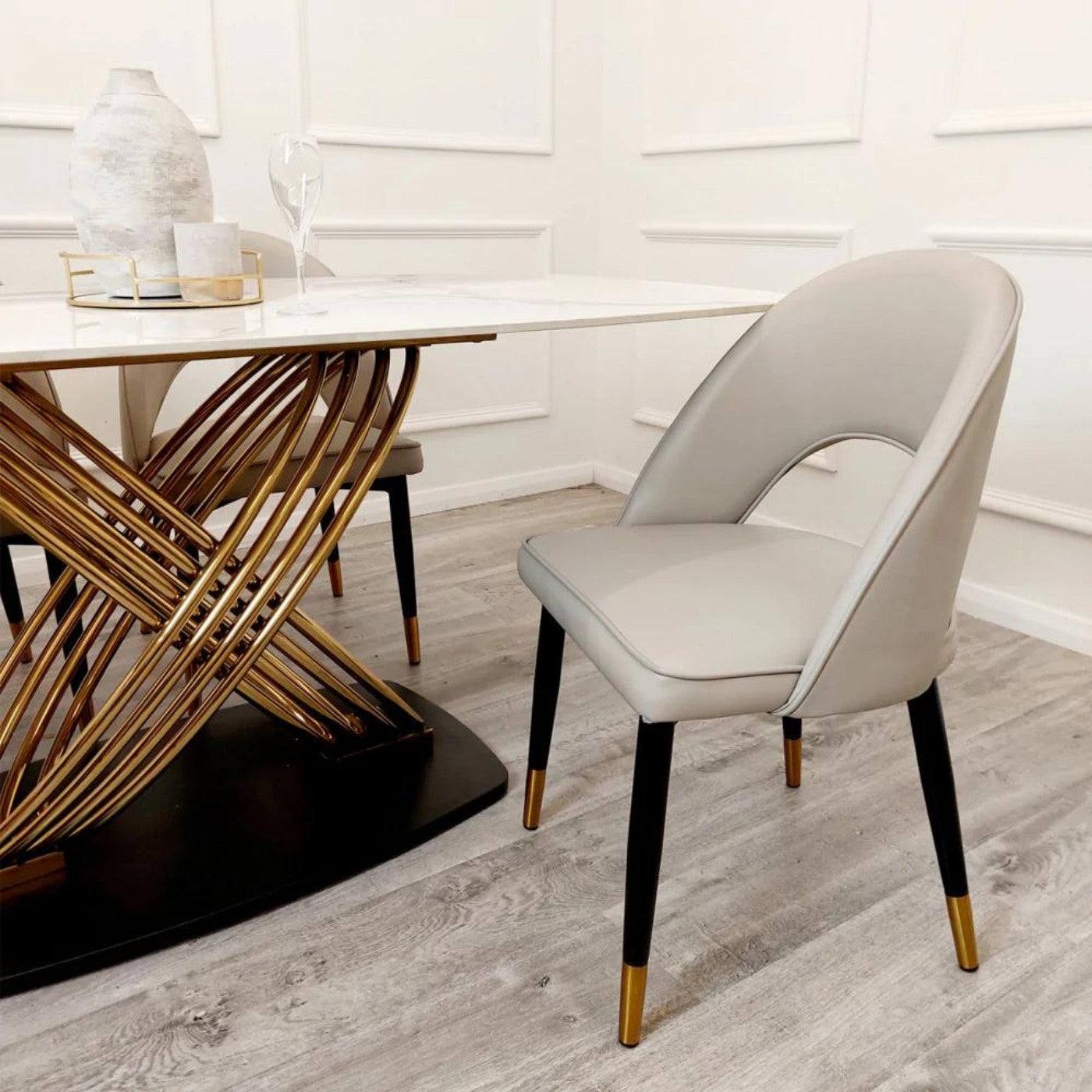 Astra Open Back Beige Leather Dining Chair with Black & Gold Feet - UK Online Furniture