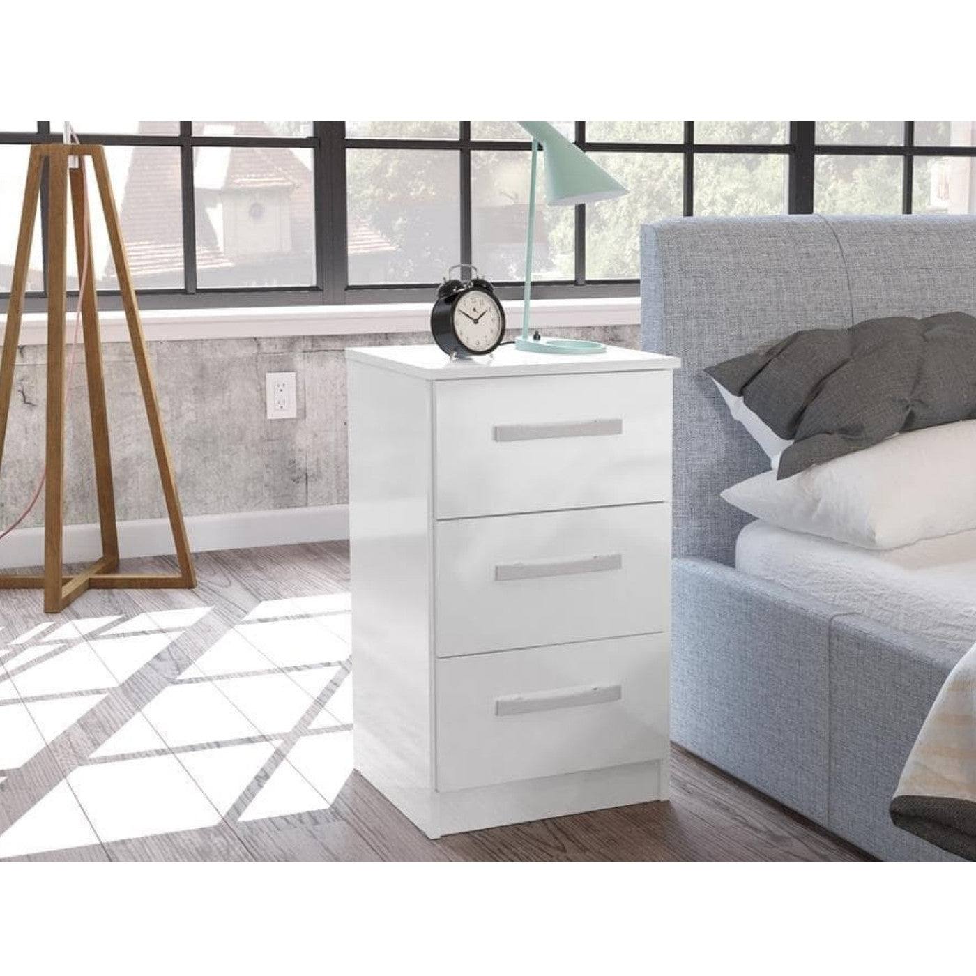 High-Gloss Lynx 3 Drawer Bedside in Grey, Black, White, Brown, Silver - UK Online Furniture
