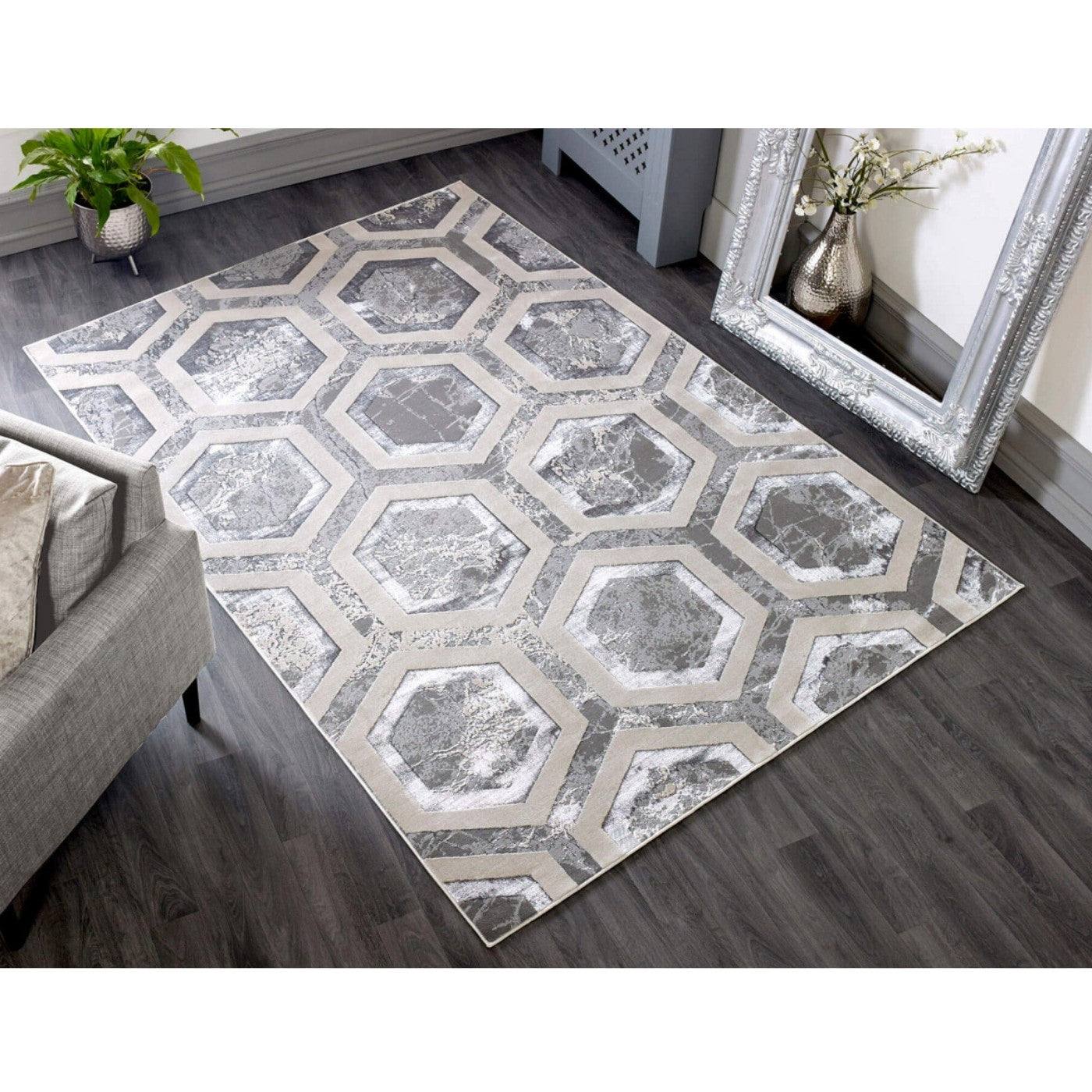 Aurora Crystal Metallic Silver Rug - Abstract & Geometric - UK Online Furniture