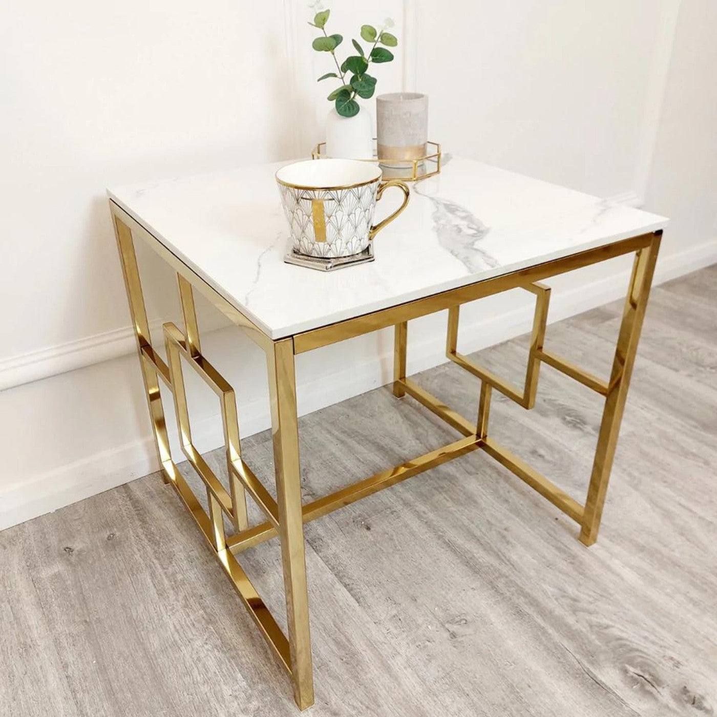 Geo Gold Lamp Table with Polar White Sintered Top - UK Online Furniture