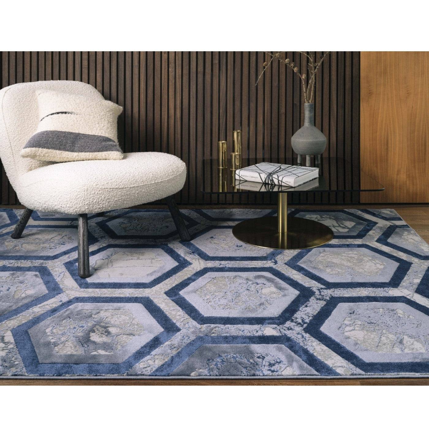Aurora Hexagon Blue & Grey Rug - Abstract & Geometric - UK Online Furniture