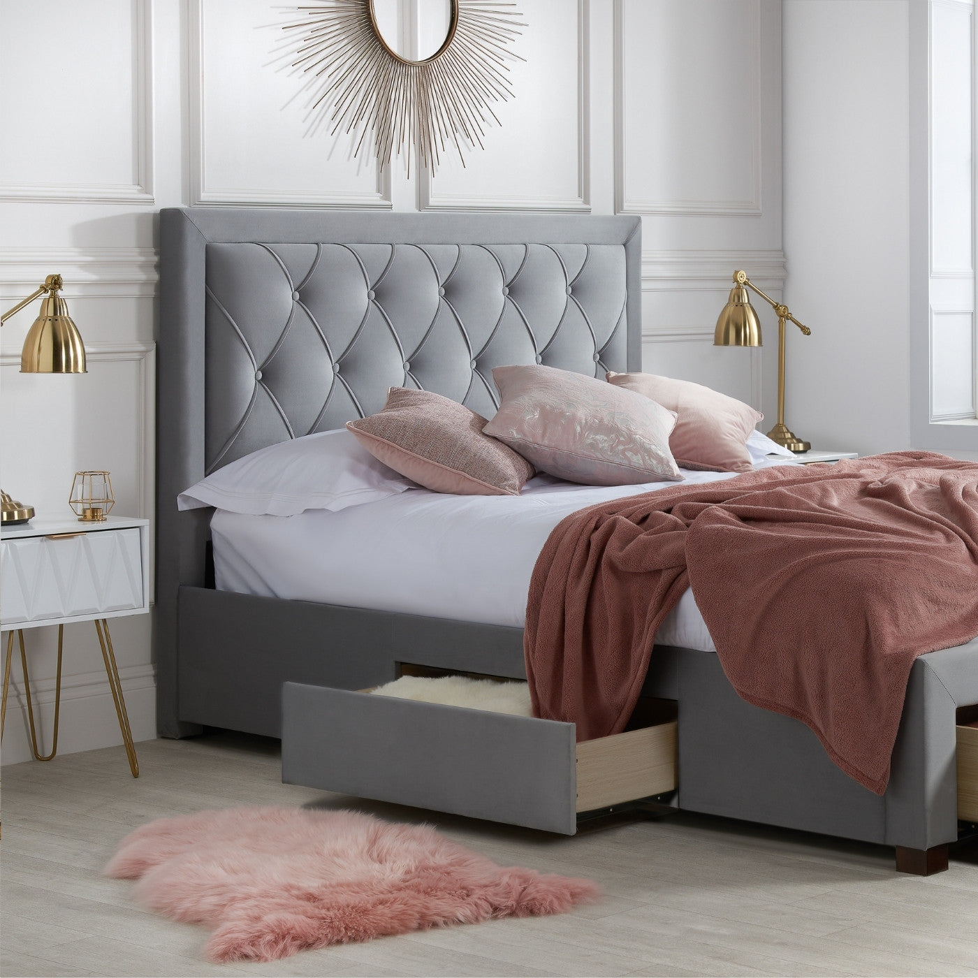 Woodbury Grey Velvet Fabric Storage Bed - Double, King, Super King - UK Online Furniture