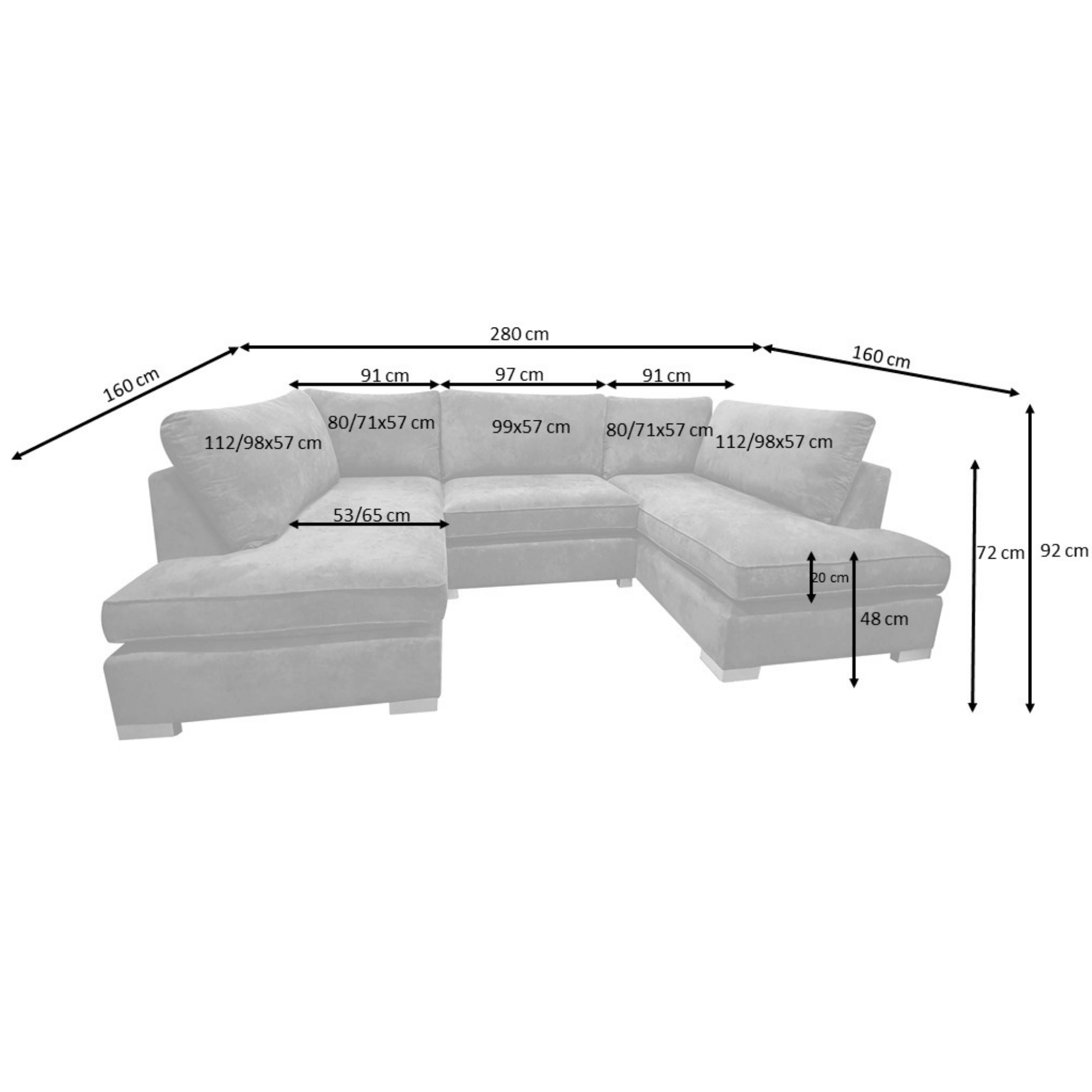 Carnaby Large U-Shaped Corner Sofa, Full Back Grey - UK Online Furniture
