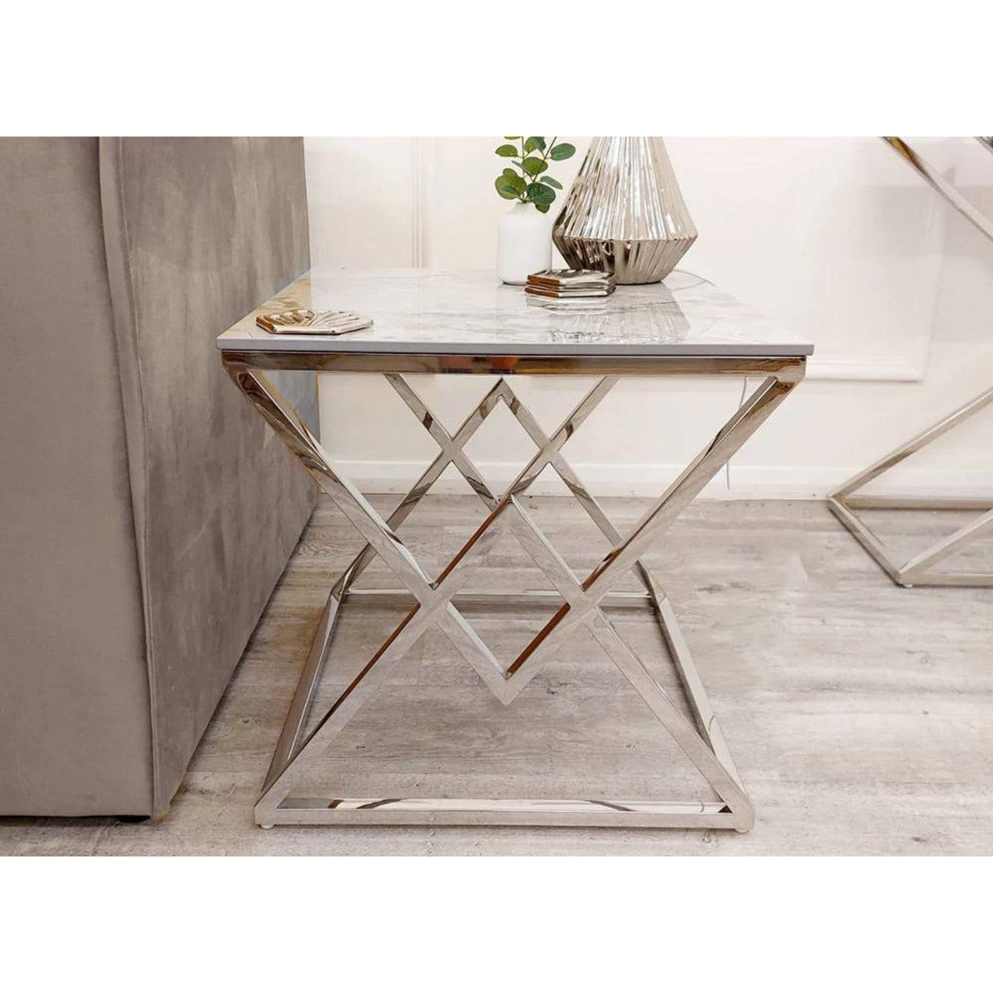 Vesta Chrome Lamp Table with Stomach Ash Sintered Stone Top - UK Online Furniture