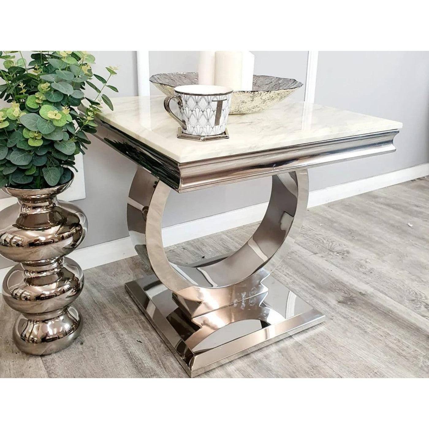 Arriana Marble or Glass Lamp Table with Round Stainless Steel Base - UK Online Furniture
