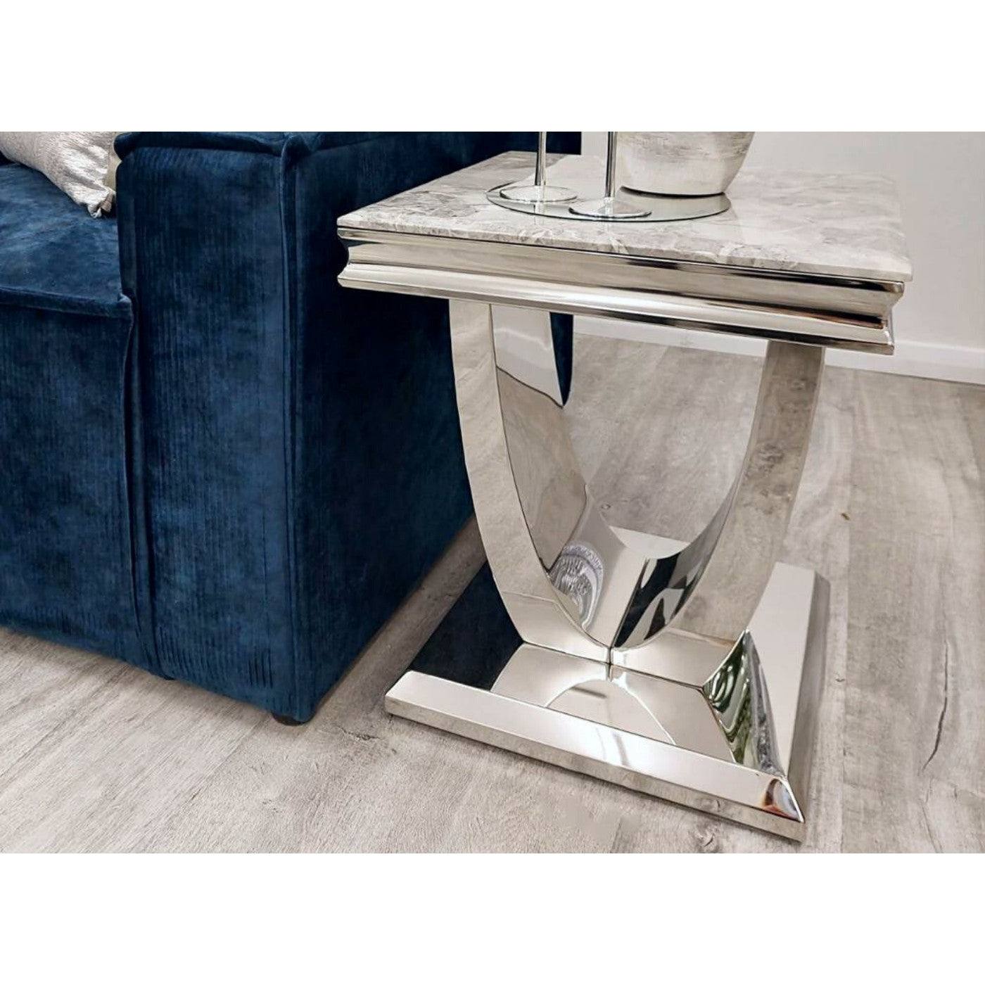 Arial Marble or Glass Lamp Table with Curved Stainless Steel Base - UK Online Furniture