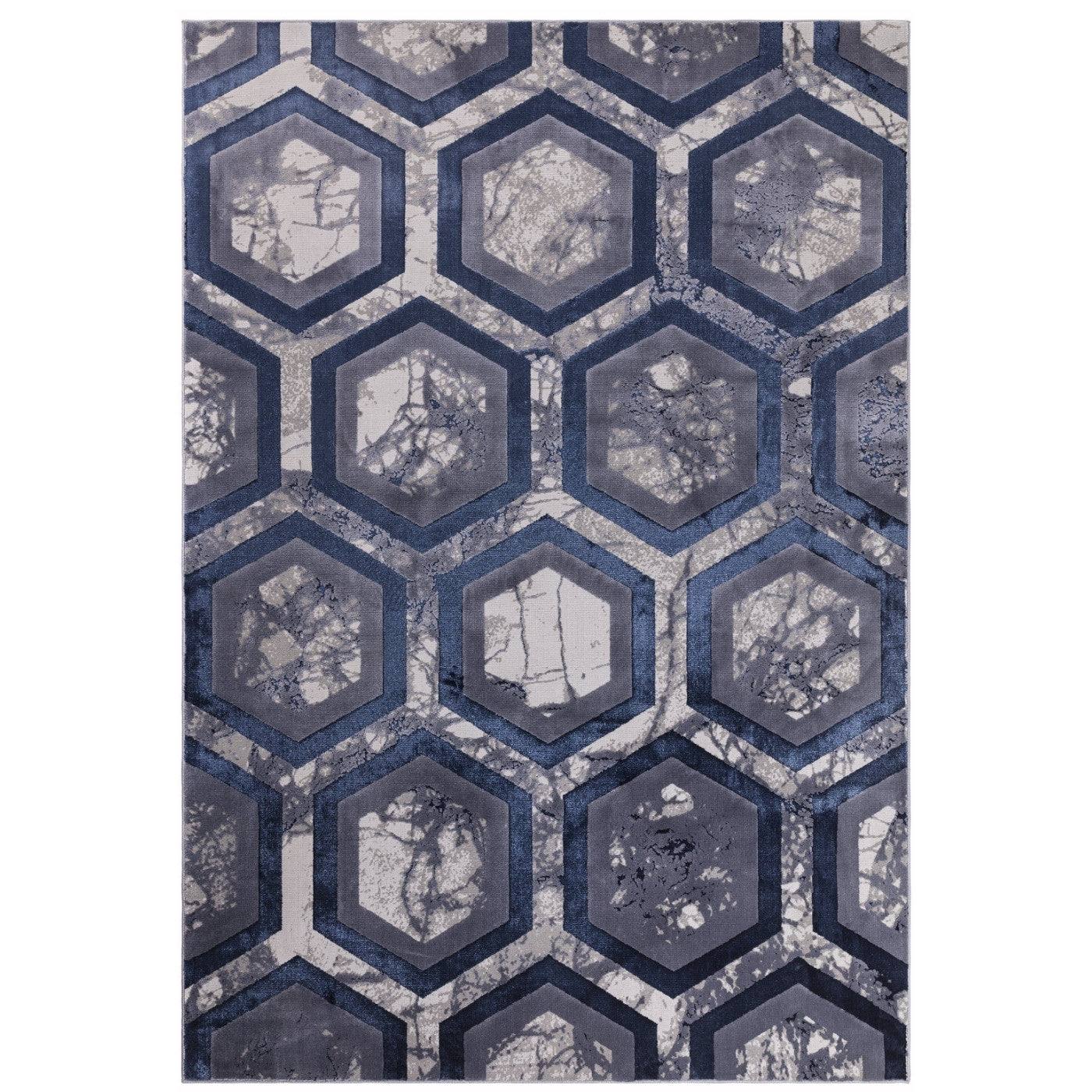Aurora Hexagon Blue & Grey Rug - Abstract & Geometric - UK Online Furniture