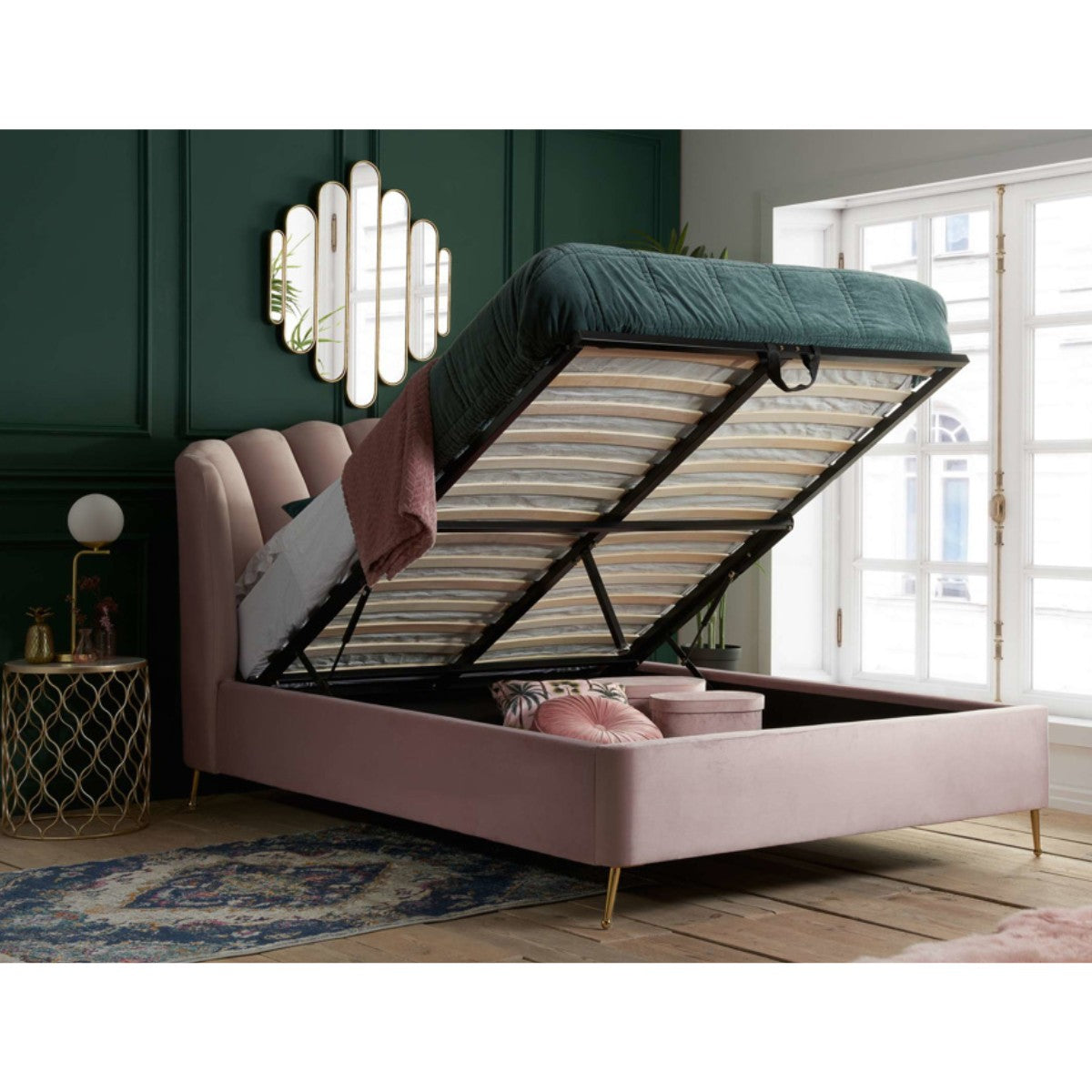 Lottie Pink Velvet Fabric Ottoman Storage Bed - Double, King - UK Online Furniture