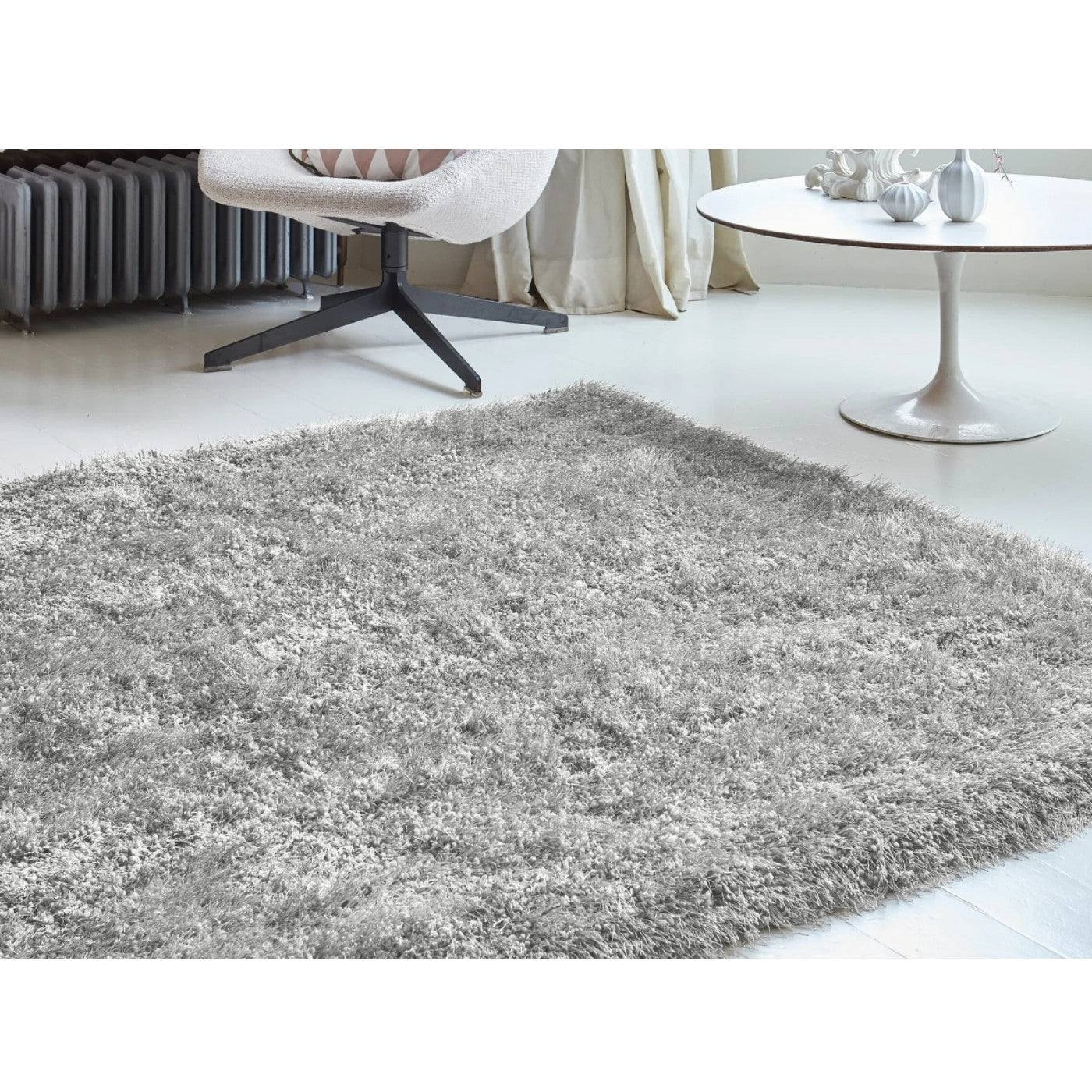 Cascade Plain Shinny Shaggy Rug - Grey, Silver, Cream, Mink, White, Blue - UK Online Furniture