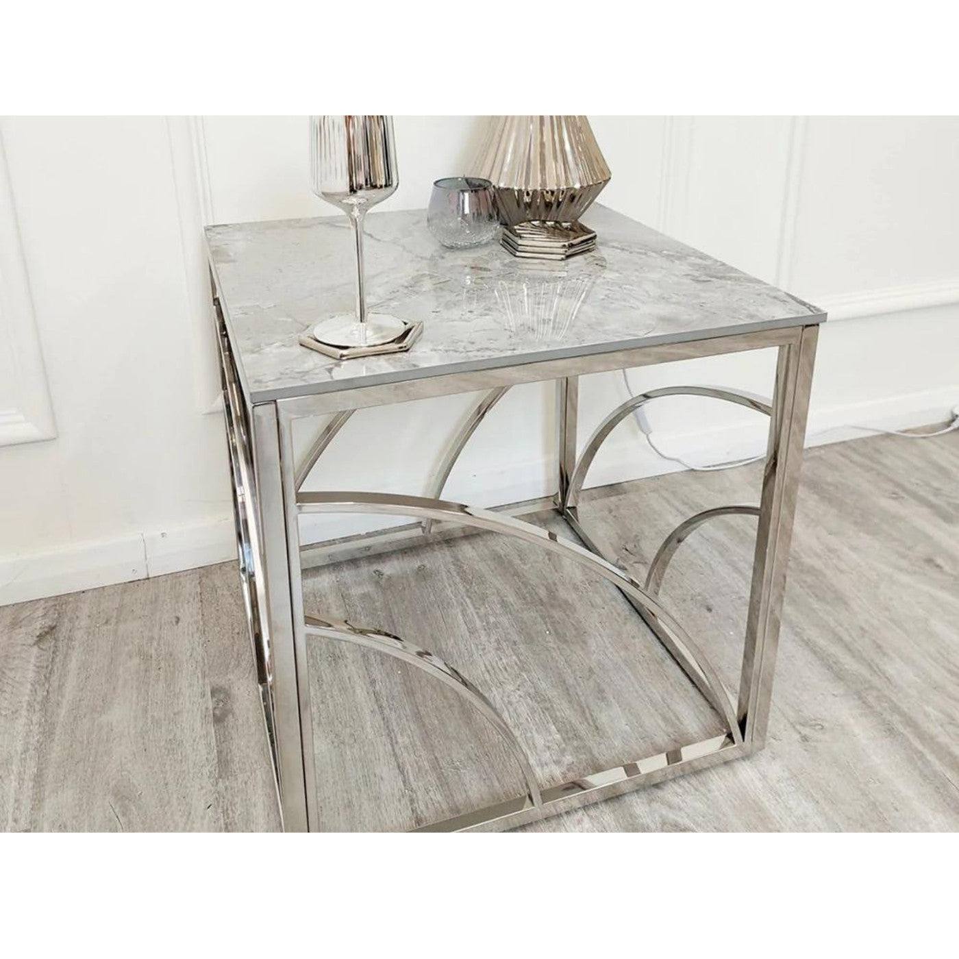 Stella Chrome Lamp Table with Stomach Ash Sintered Stone Top - UK Online Furniture