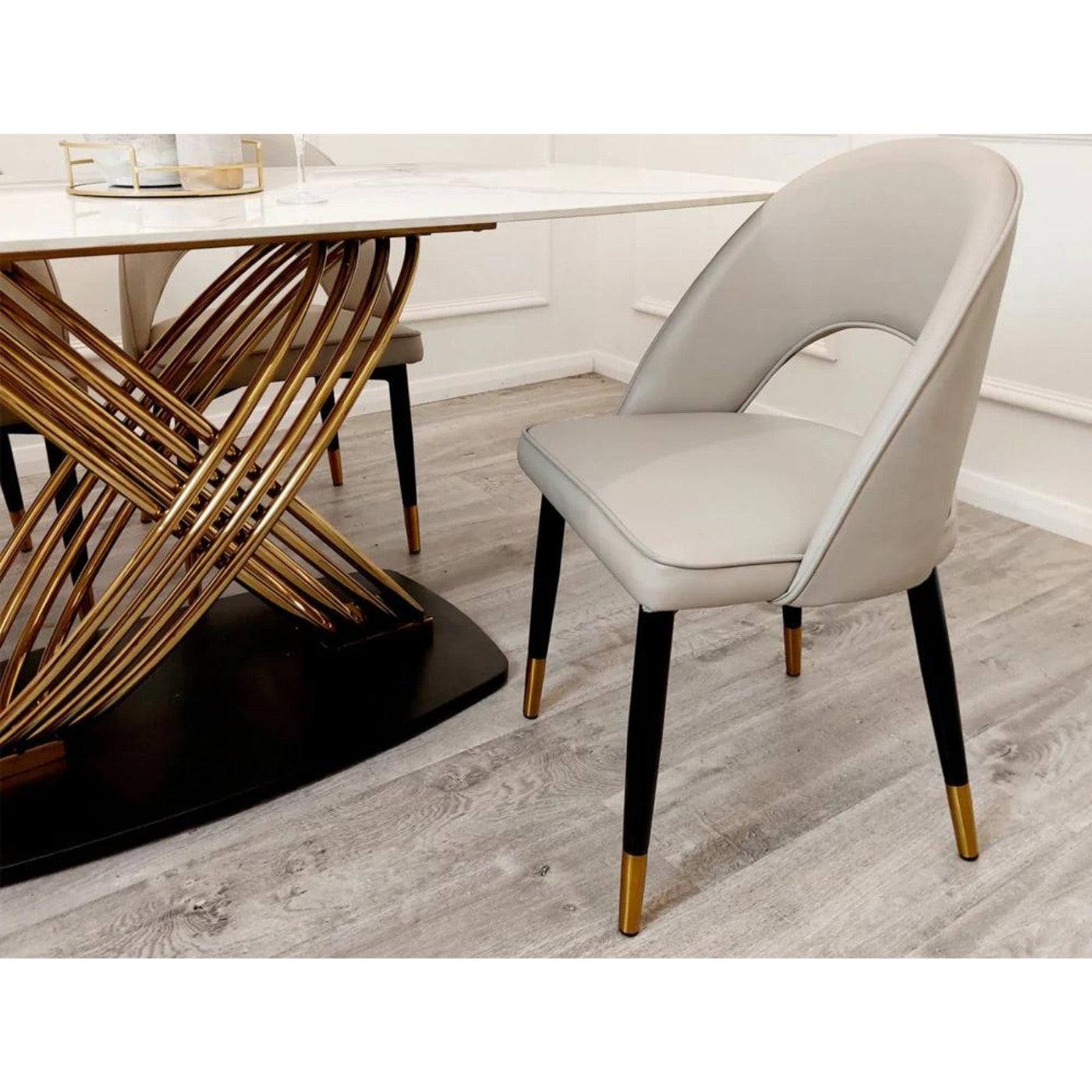 Astra Open Back Beige Leather Dining Chair with Black & Gold Feet - UK Online Furniture