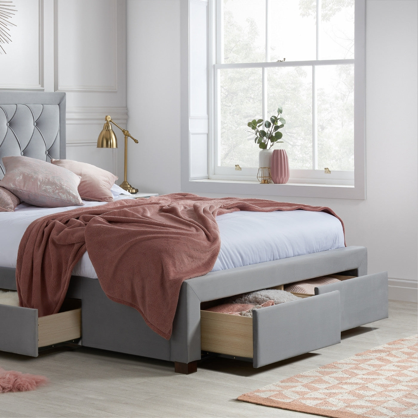 Woodbury Grey Velvet Fabric Storage Bed - Double, King, Super King - UK Online Furniture