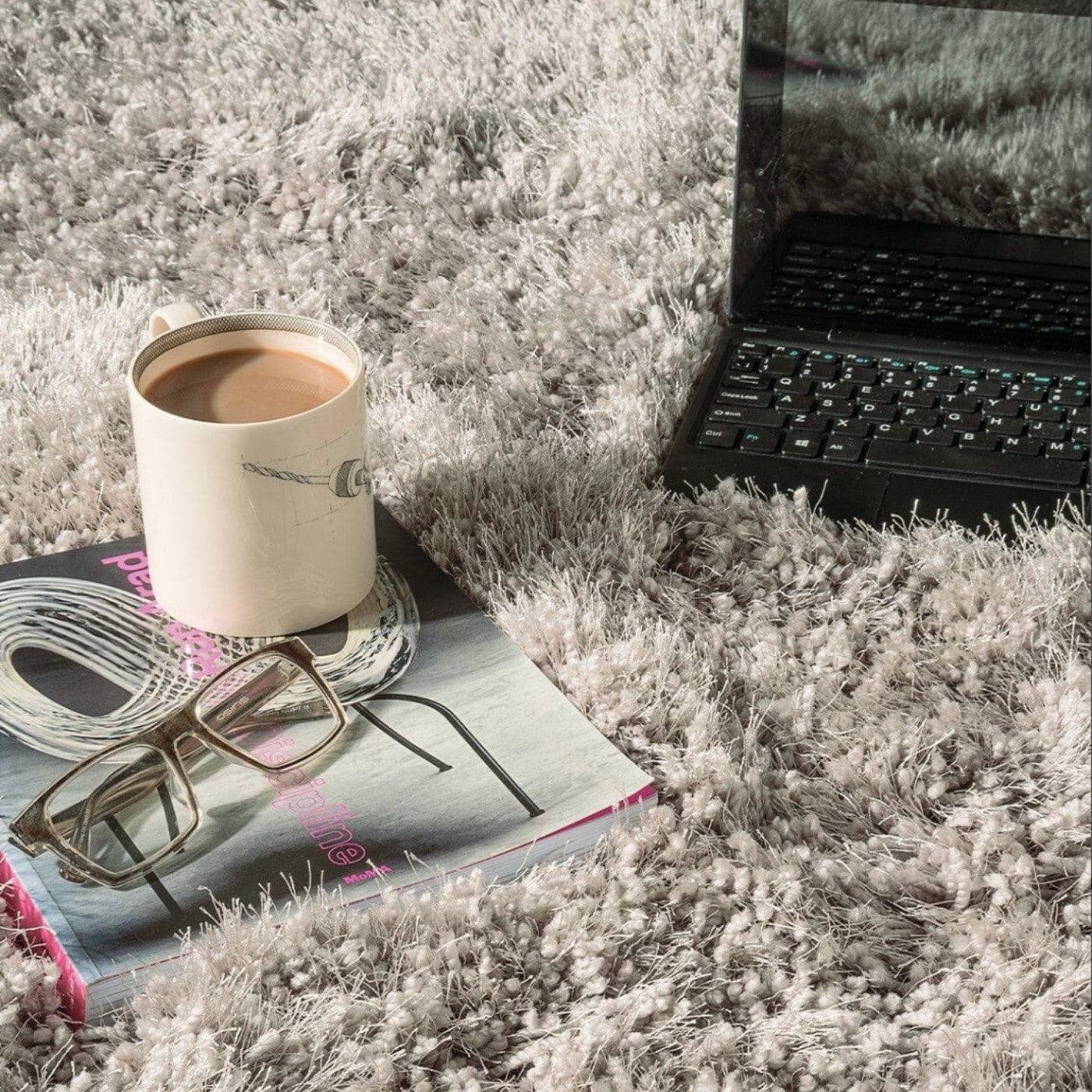 Cascade Plain Shinny Shaggy Rug - Grey, Silver, Cream, Mink, White, Blue - UK Online Furniture