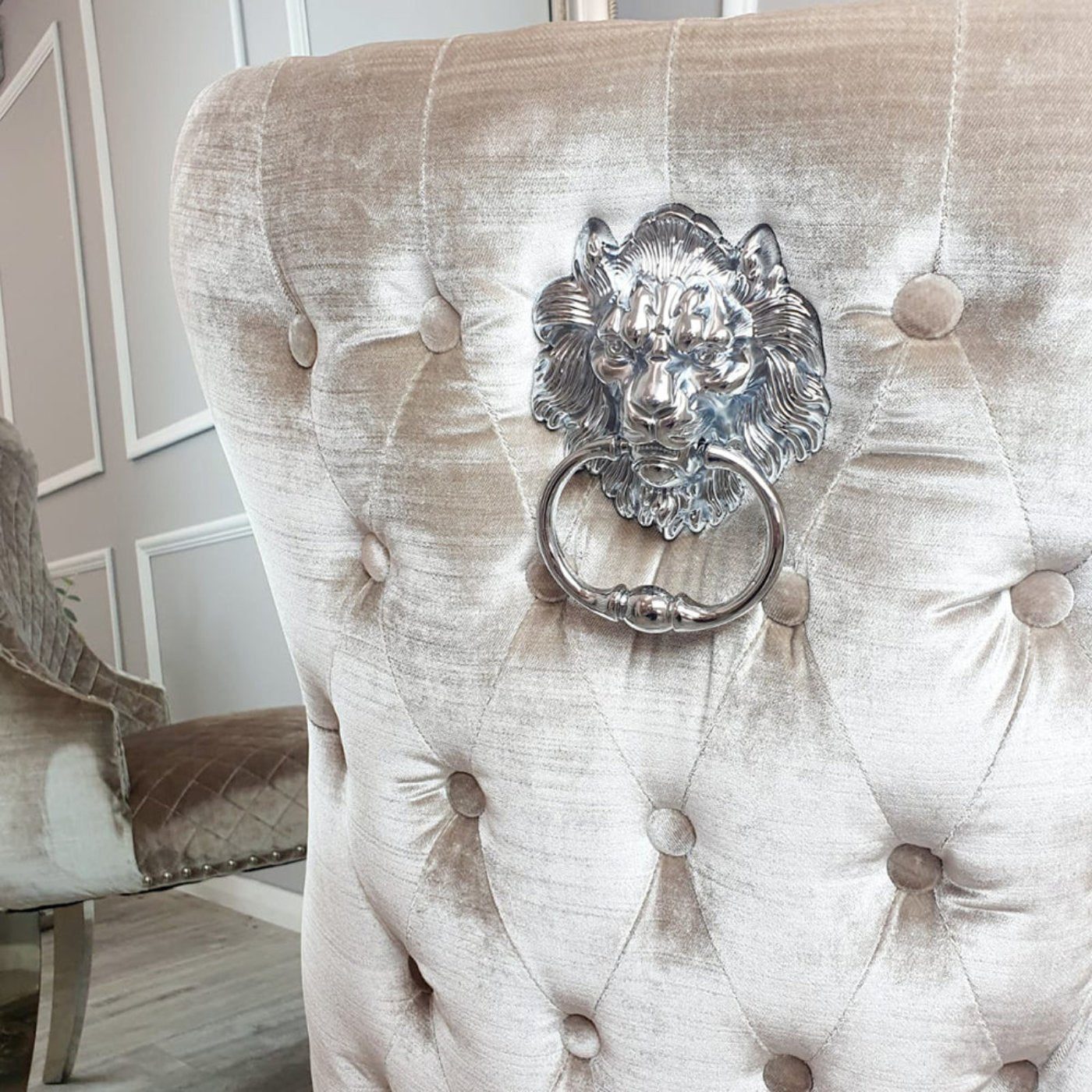 Arriana Marble Dining Table with 4 Velvet Chelsea Lion Knocker Chairs - UK Online Furniture