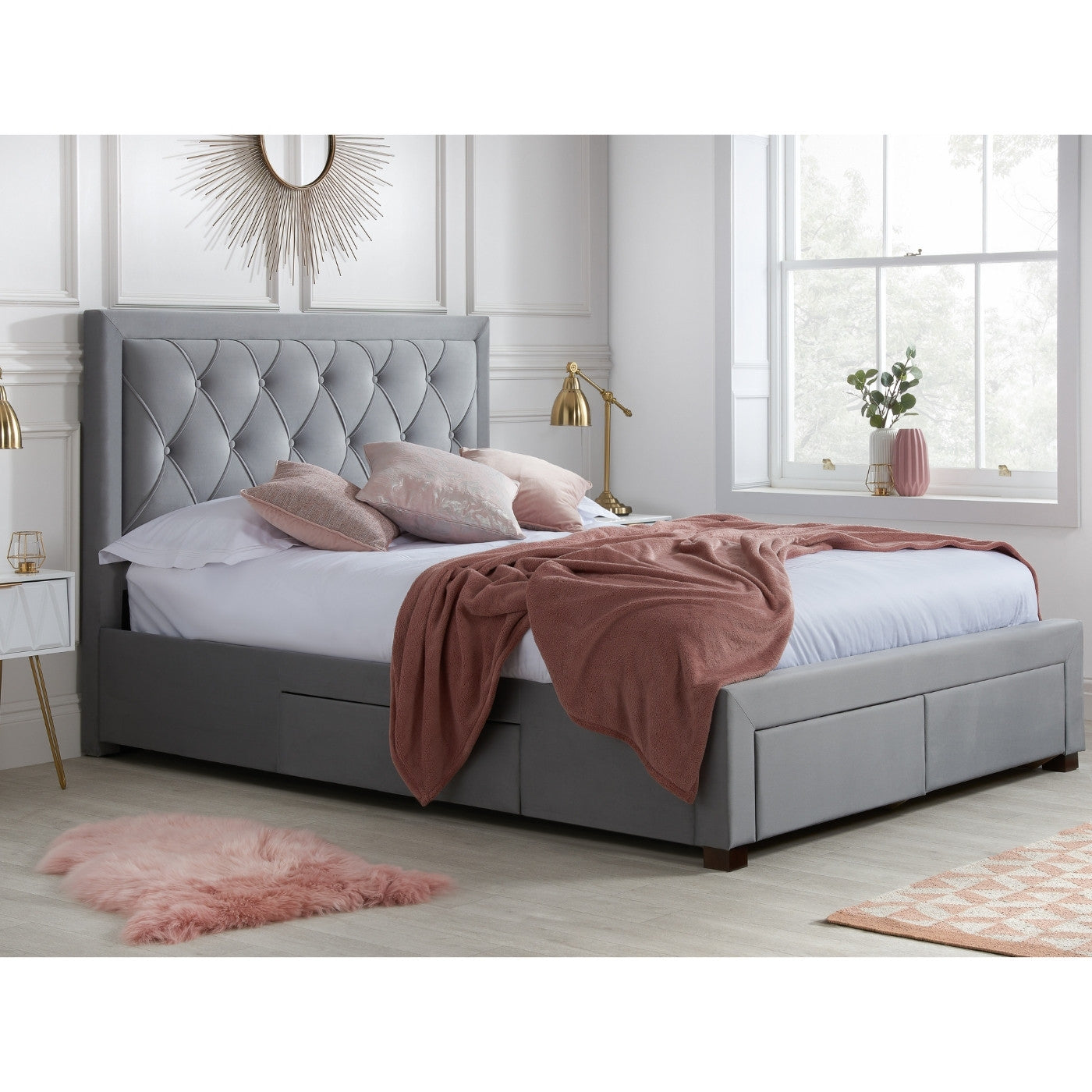 Woodbury Grey Velvet Fabric Storage Bed - Double, King, Super King - UK Online Furniture