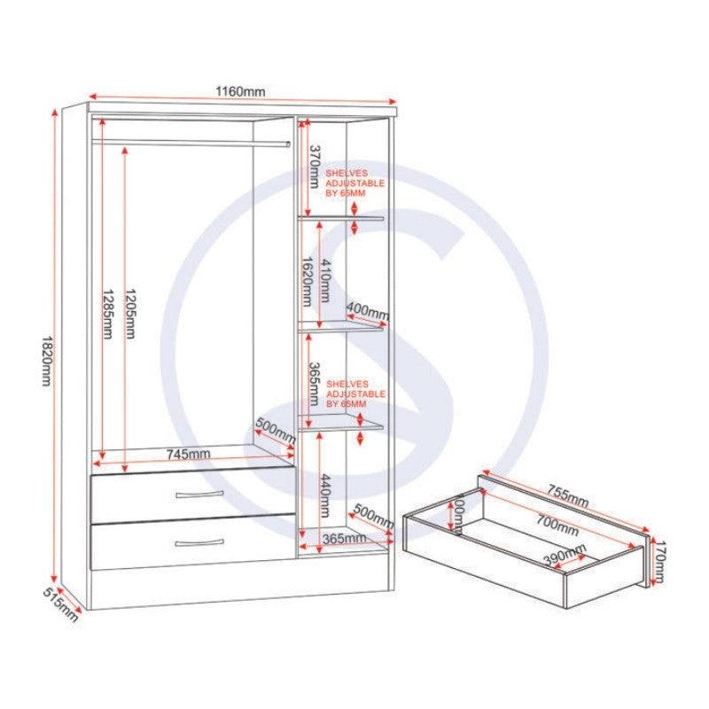 Nevada 3 Door 2 Drawer Mirrored Wardrobe - UK Online Furniture