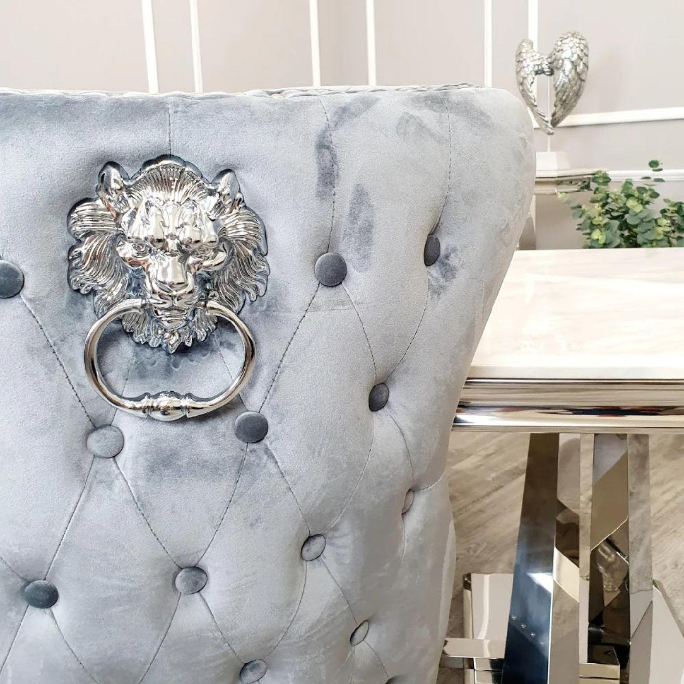 Arriana Marble Dining Table with 4 Velvet Chelsea Lion Knocker Chairs - UK Online Furniture