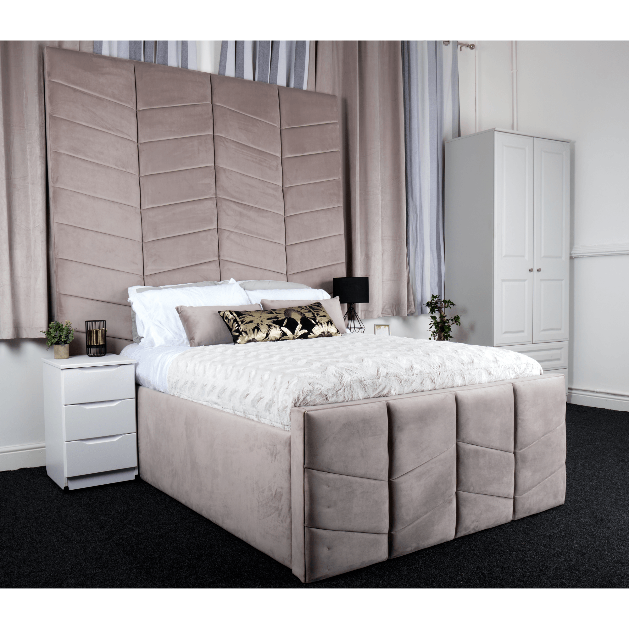 Naples Bed - Velvet Fabric Ottoman Bed Frame with Tall Headboard - UK Online Furniture