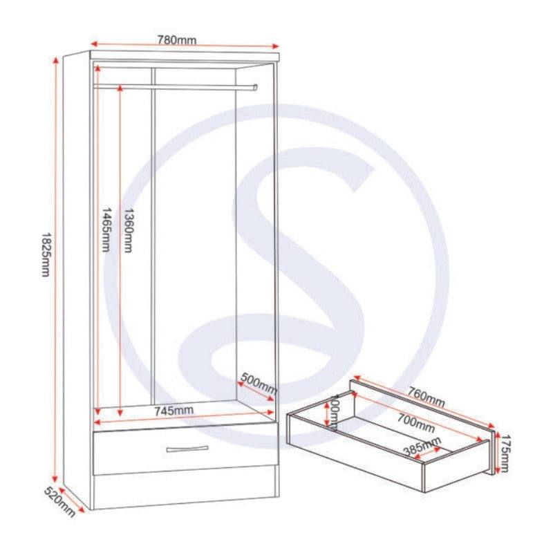 Nevada 2 Door 1 Drawer Mirrored Wardrobe - UK Online Furniture