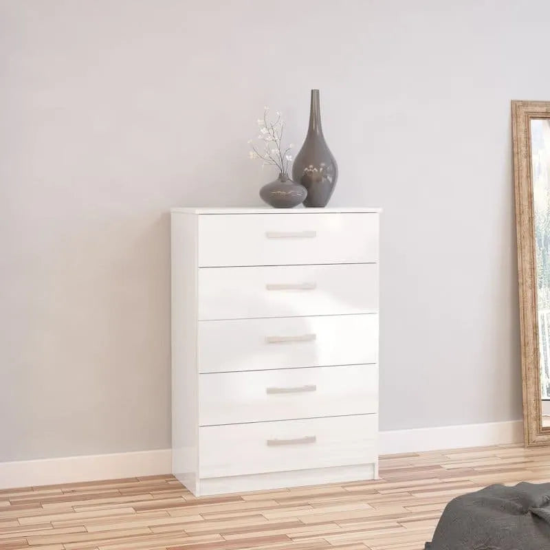 High-Gloss Lynx 5 Drawer Chest in Grey, Black, White, Brown, Silver
