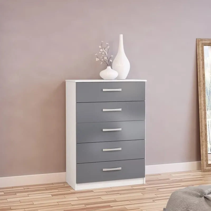 High-Gloss Lynx 5 Drawer Chest in Grey, Black, White, Brown, Silver