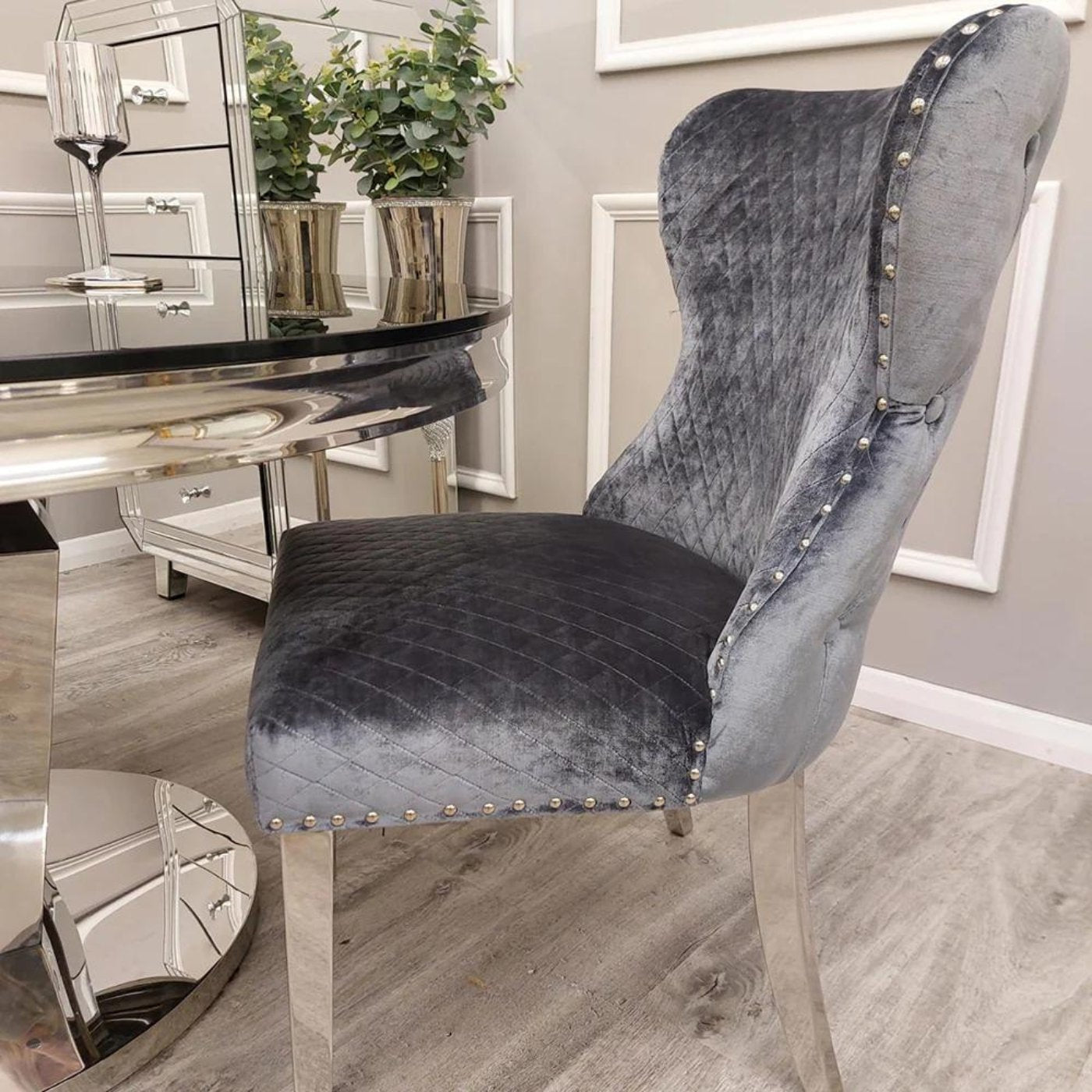 Arriana Marble Dining Table with 4 Velvet Chelsea Lion Knocker Chairs - UK Online Furniture