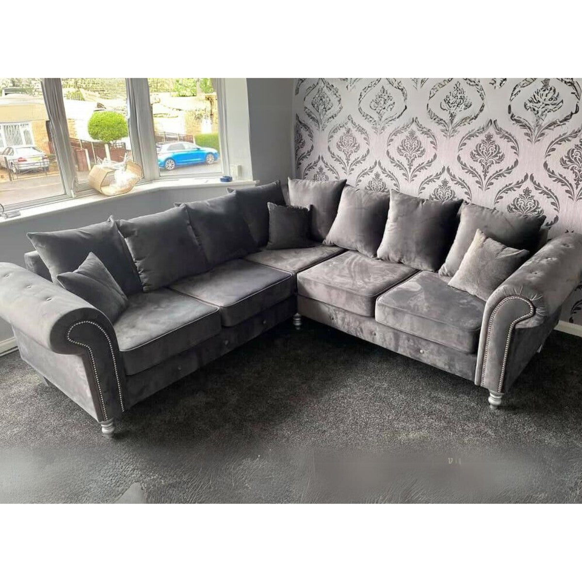 Oakland Scatter Back Velvet Corner Sofa in Beige or Grey Velvet - UK Online Furniture