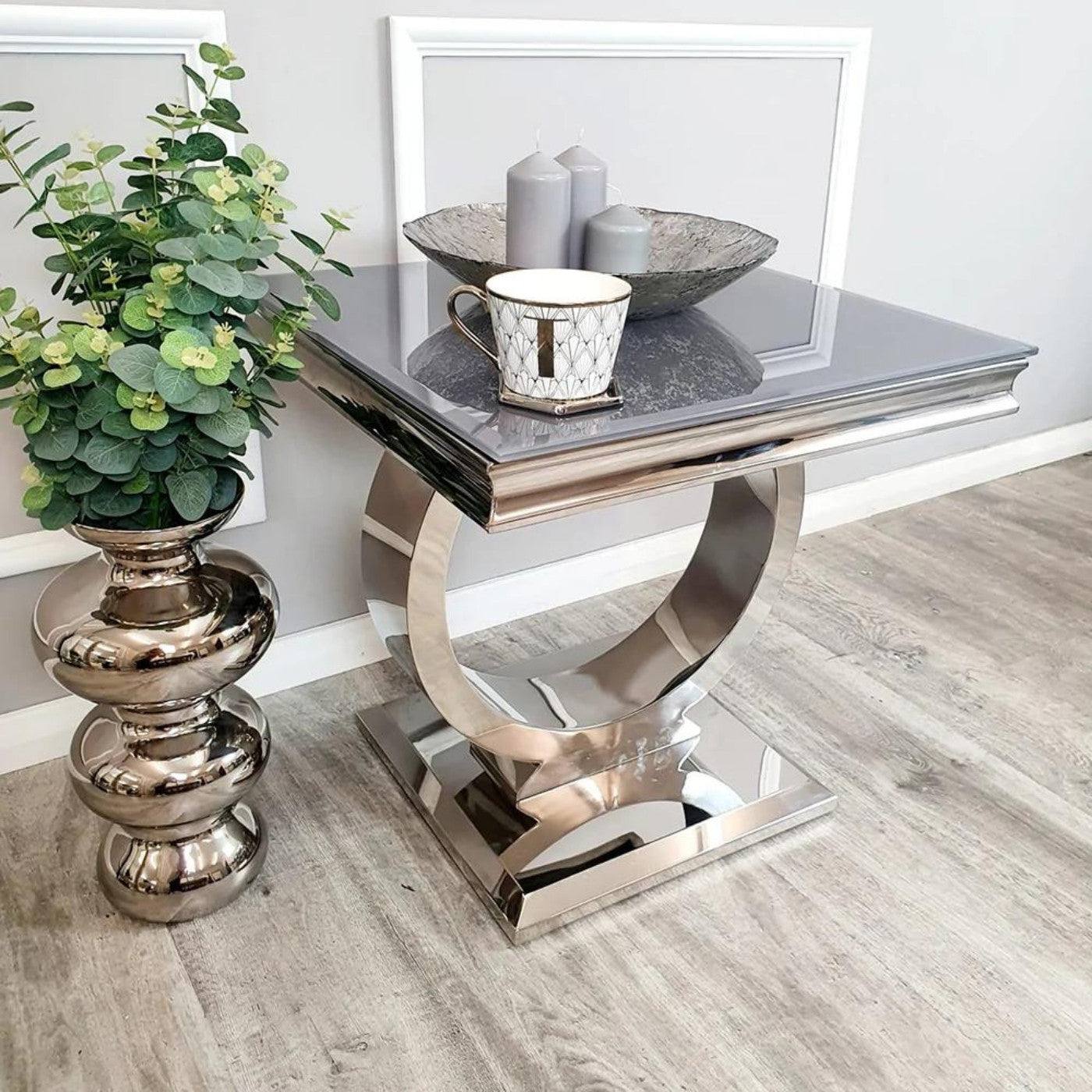 Arriana Marble or Glass Lamp Table with Round Stainless Steel Base - UK Online Furniture