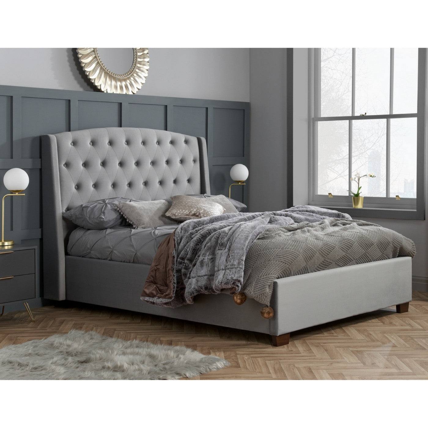 Balmoral Bed in Grey Velvet Fabric - Double, King, Super King - UK Online Furniture