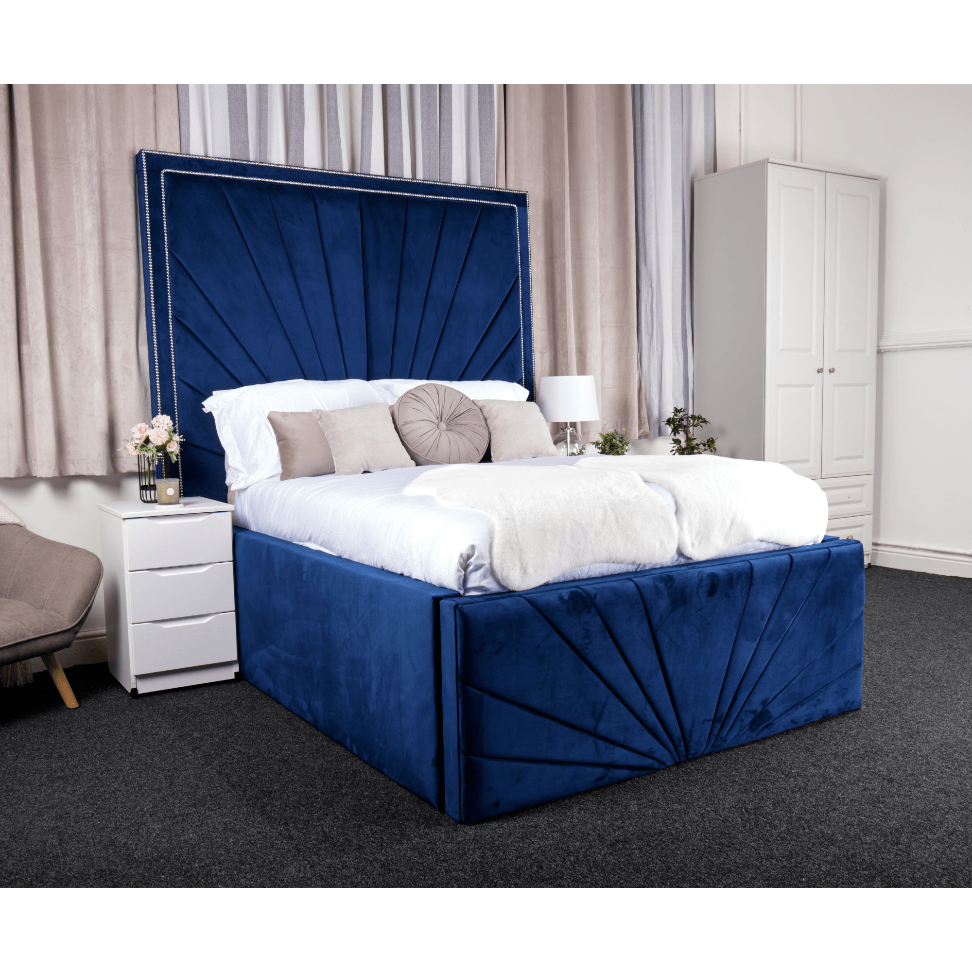 Catania Bed - Velvet Fabric Ottoman Bed with Tall Headboard - UK Online Furniture