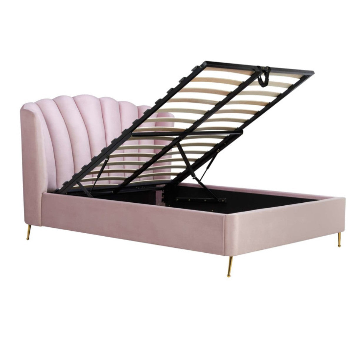 Lottie Pink Velvet Fabric Ottoman Storage Bed - Double, King - UK Online Furniture