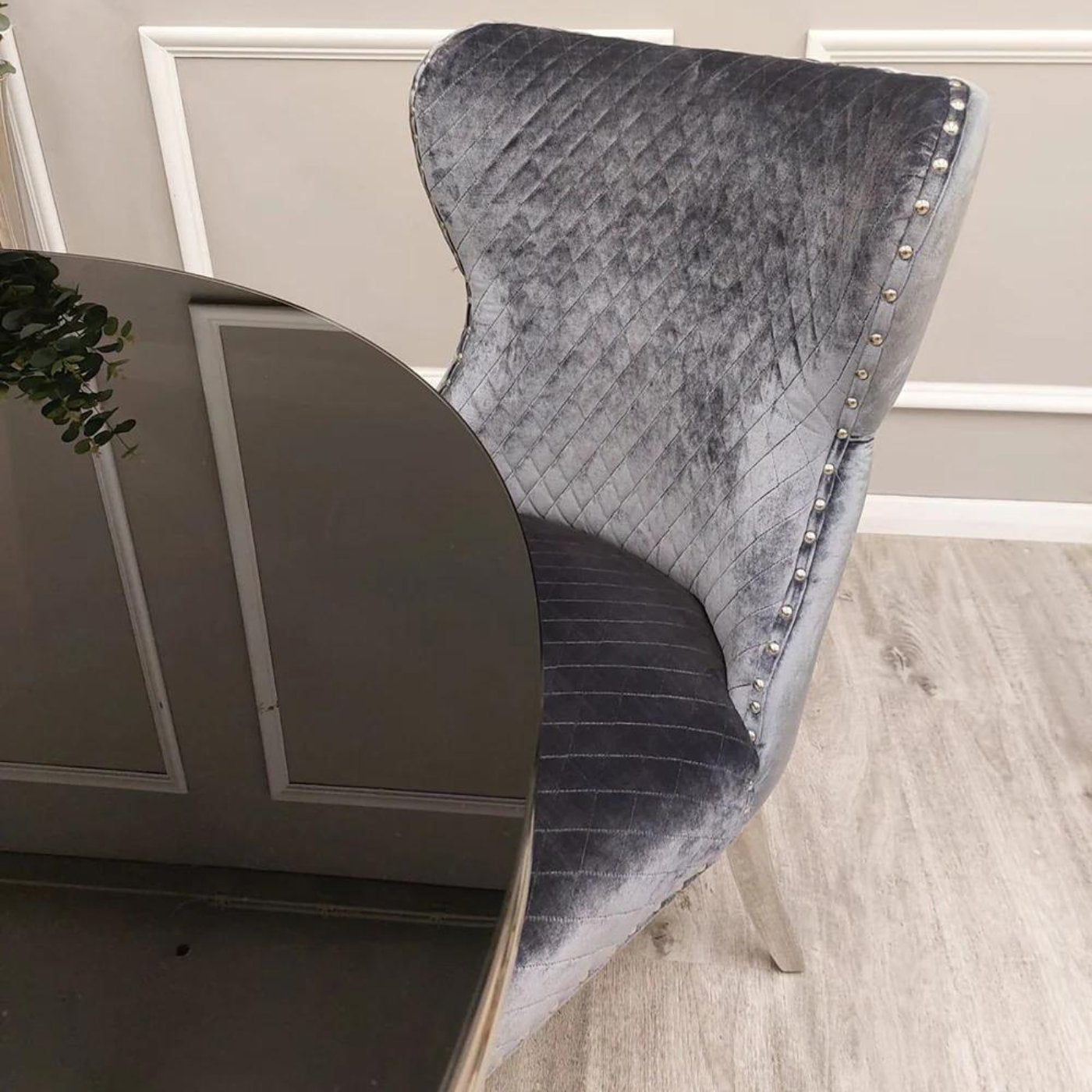 Arriana Marble Dining Table with 4 Velvet Chelsea Lion Knocker Chairs - UK Online Furniture