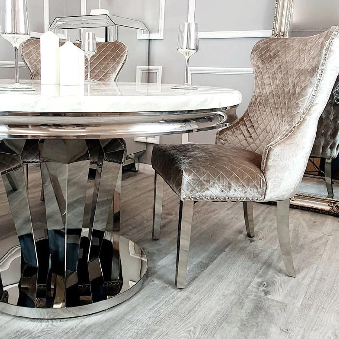 Arriana Marble Dining Table with 4 Velvet Chelsea Lion Knocker Chairs - UK Online Furniture
