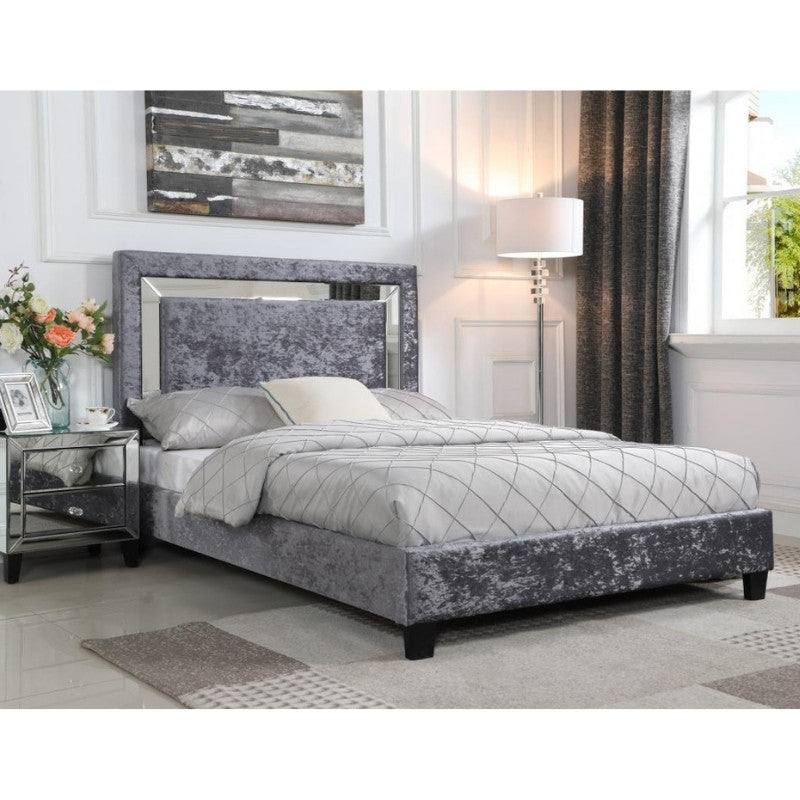Augustina Crushed Velvet Bed Silver with Mirror - UK Online Furniture