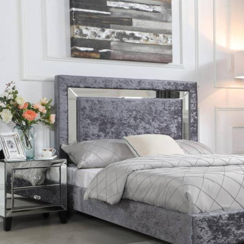 Augustina Crushed Velvet Bed Silver with Mirror - UK Online Furniture