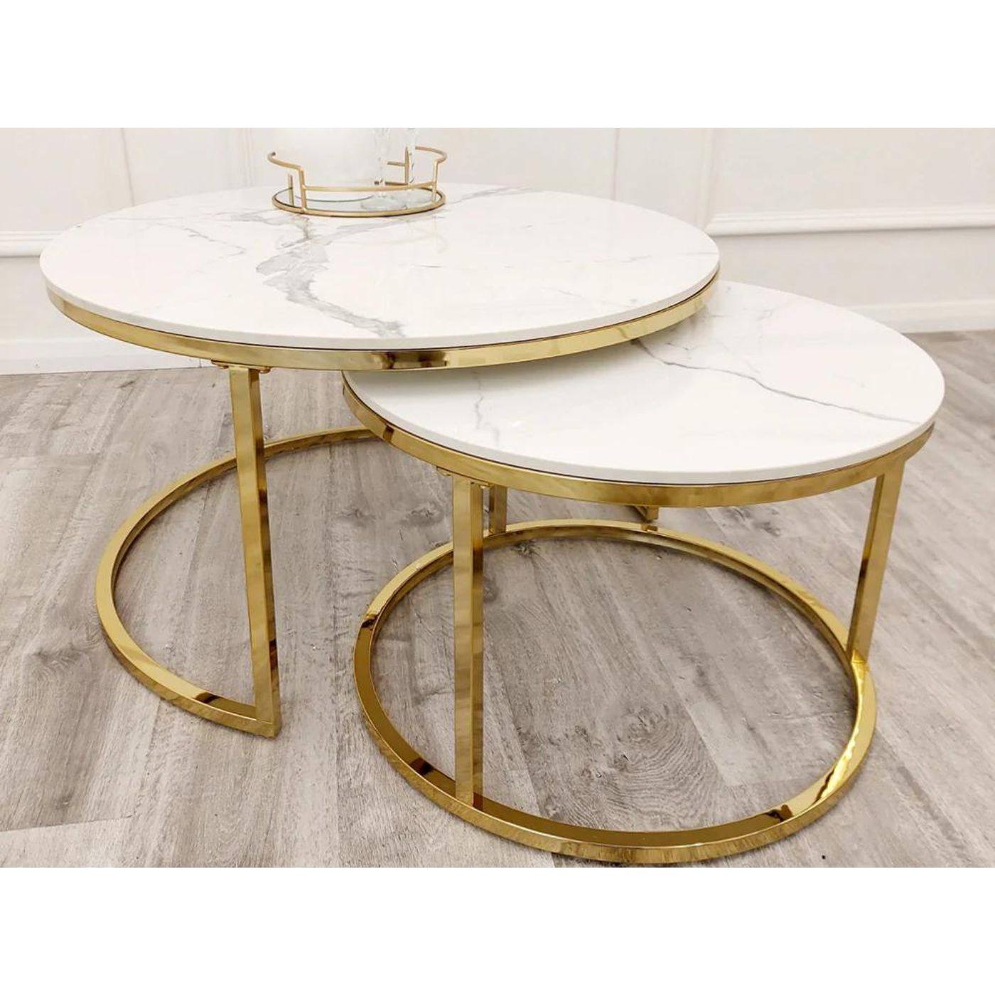 Cato Nest of 2 Short Round Gold Coffee Tables with White Stone Tops - UK Online Furniture